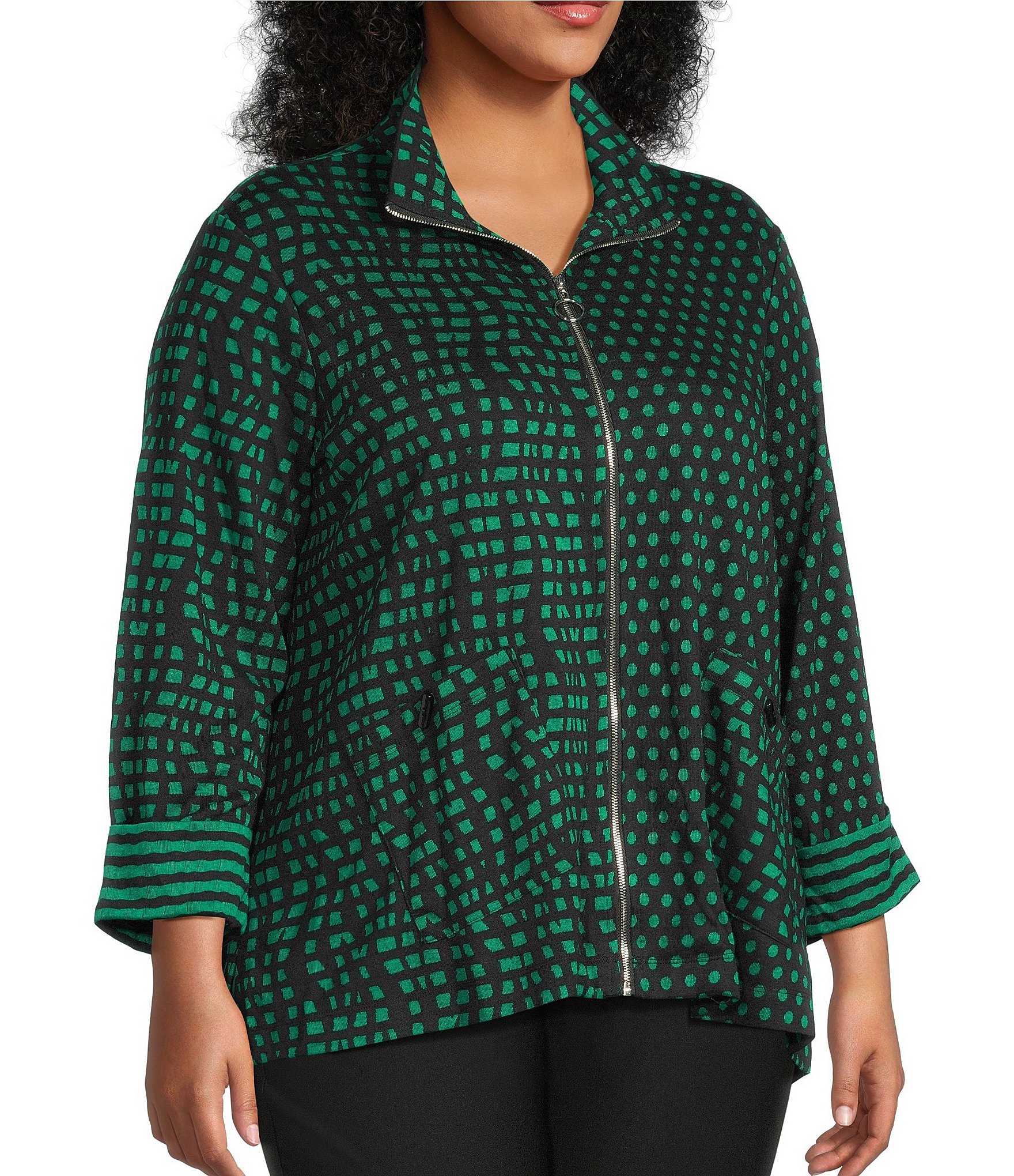 Ali Miles Plus Size Abstract Dotted Mock Neck Elbow Sleeve Zip-Front Tunic
