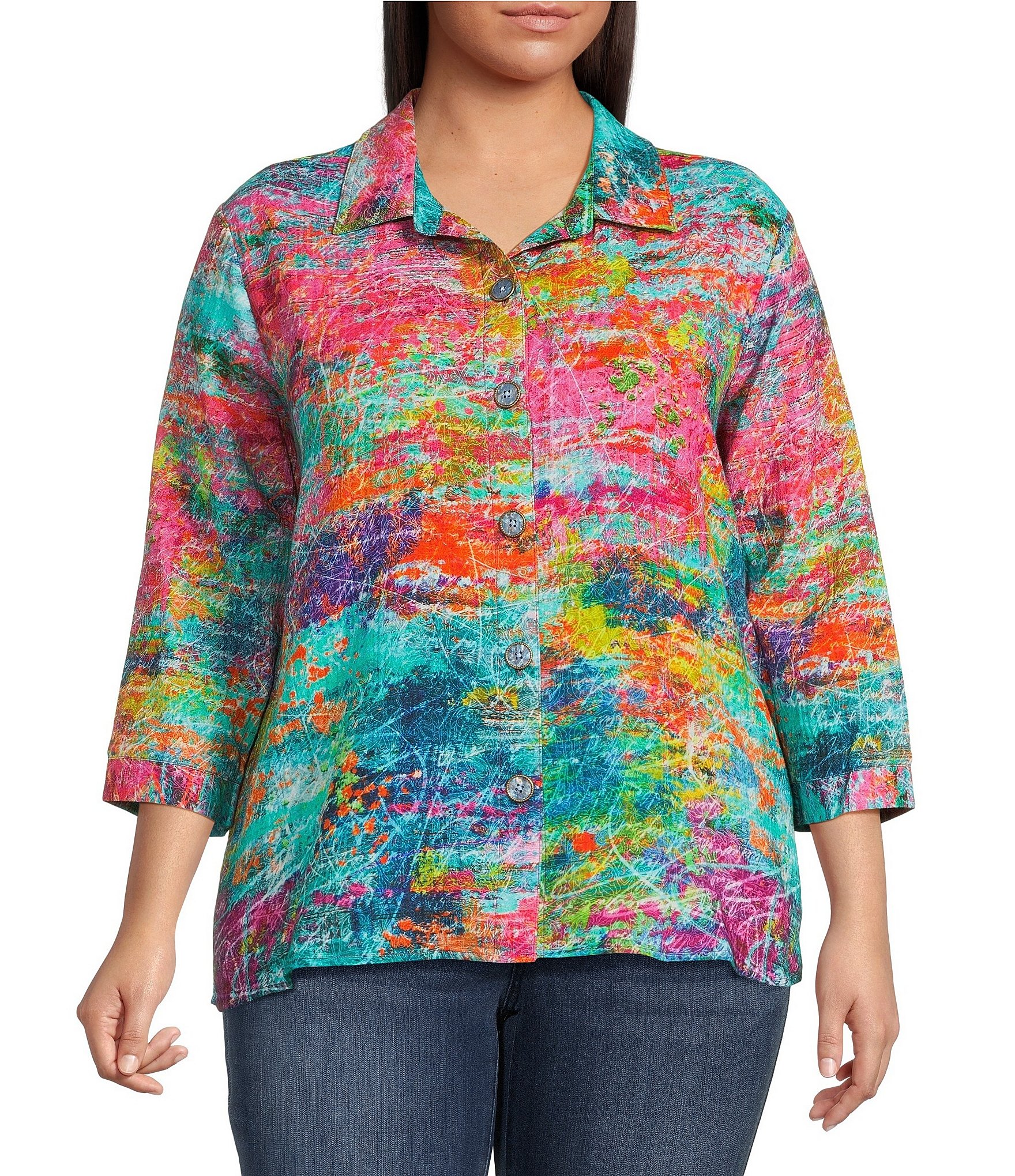 Ali Miles Plus Size Abstract Multi Point Collar 3/4 Dolman Sleeve Button-Front Tunic