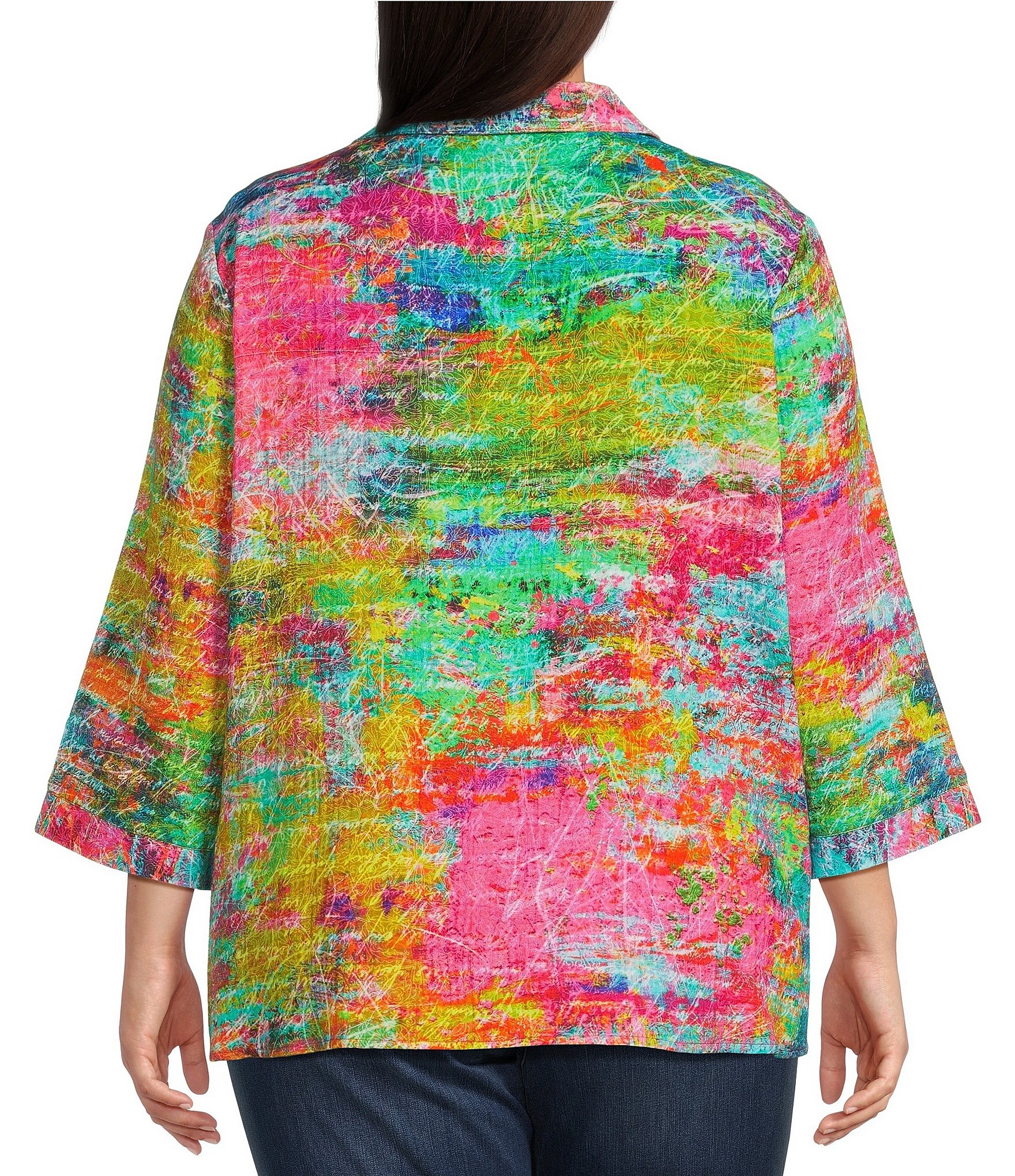 Ali Miles Plus Size Abstract Multi Point Collar 3/4 Dolman Sleeve Button-Front Tunic