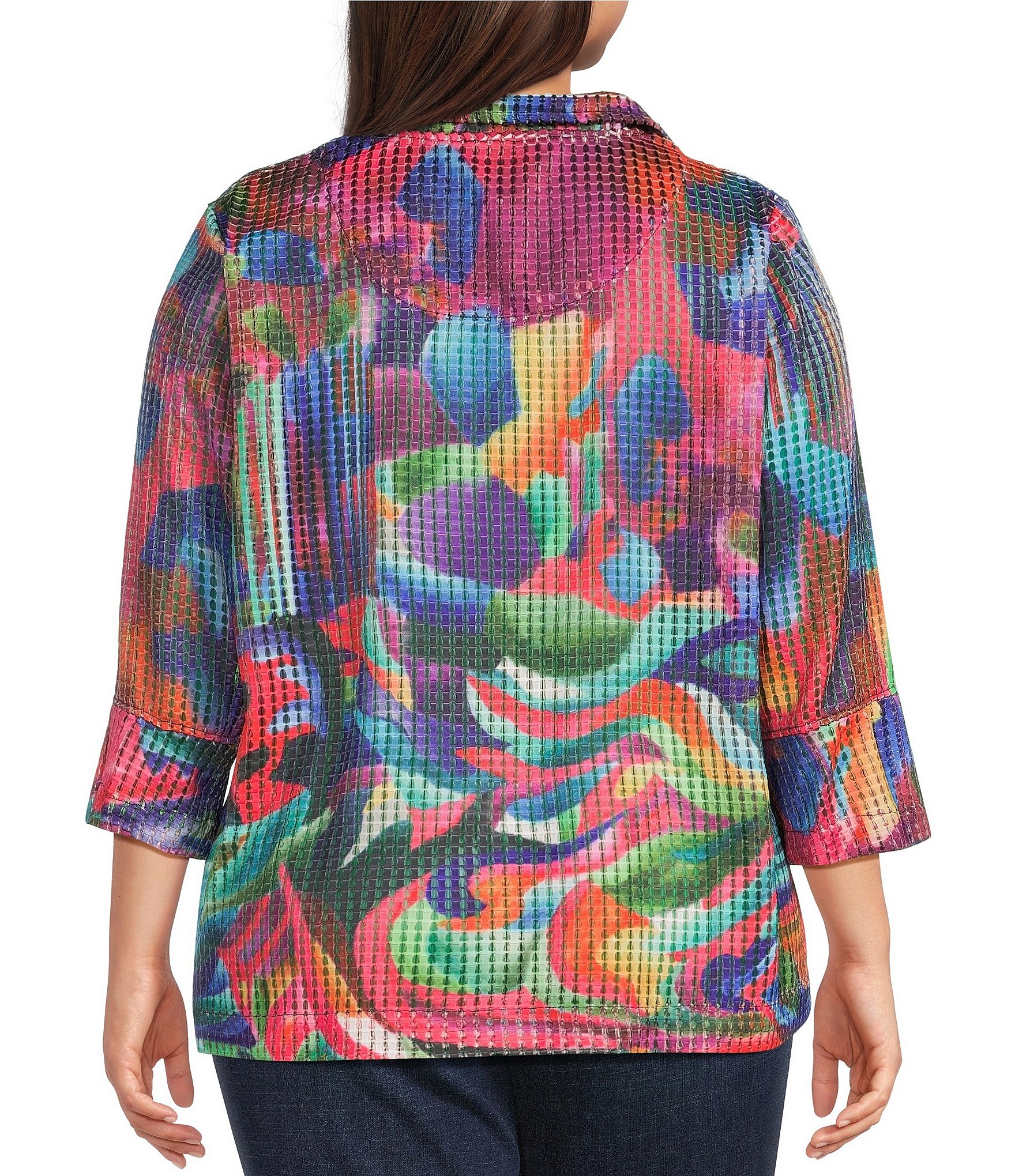 Ali Miles Plus Size Abstract Multi Print Wire Collar 3/4 Sleeve Button Front Jacket