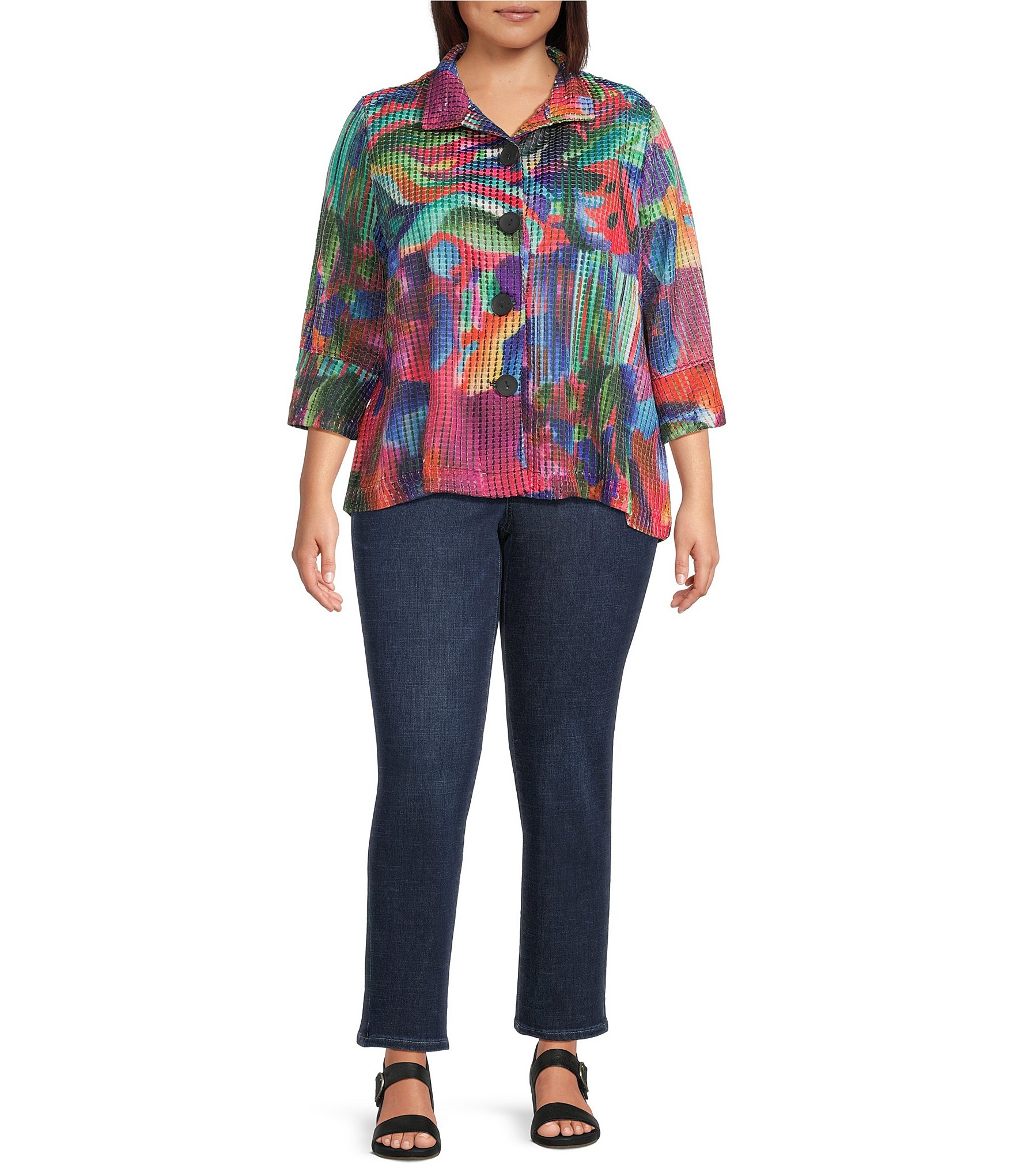 Ali Miles Plus Size Abstract Multi Print Wire Collar 3/4 Sleeve Button Front Jacket