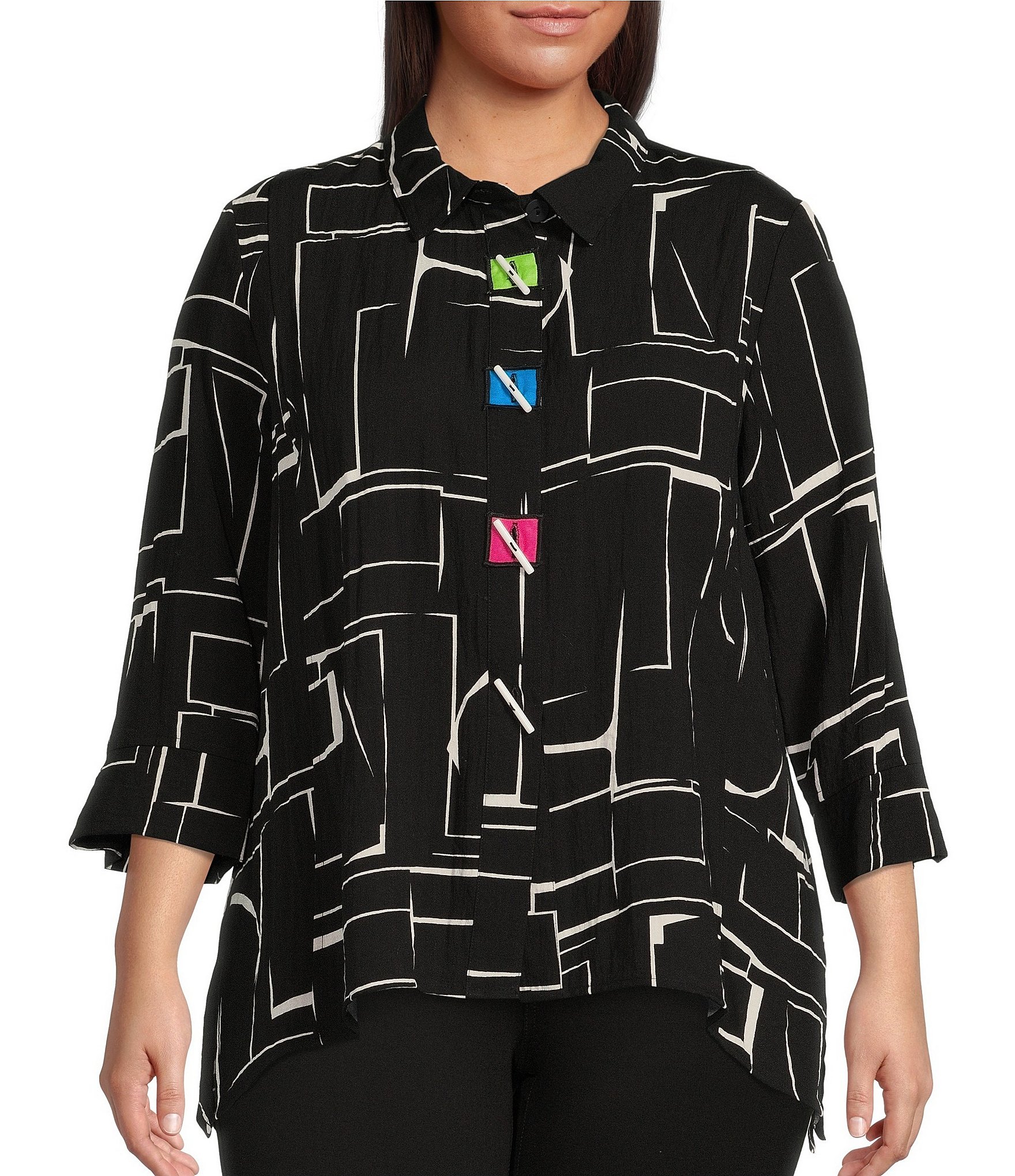 Ali Miles Plus Size Abstract Print 3/4 Sleeve Collared Neck Uneven Hem ...