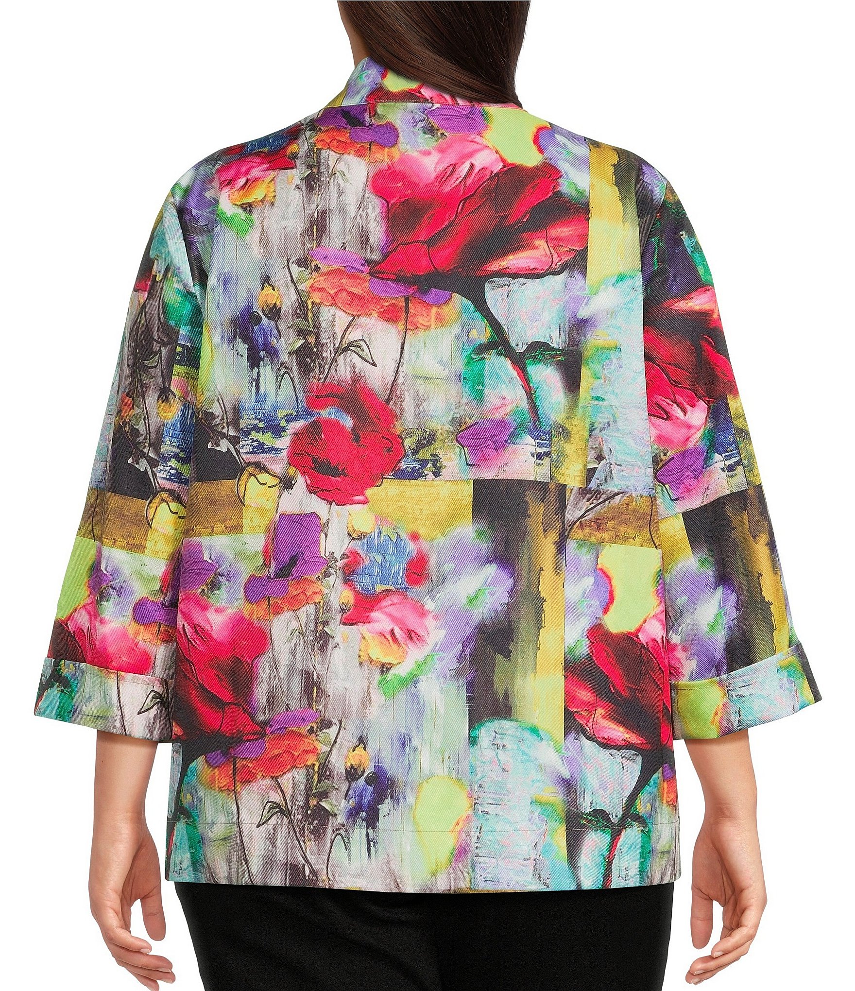 Ali Miles Plus Size Abstract Print Stand Collar 3/4 Sleeve Button-Front Jacket
