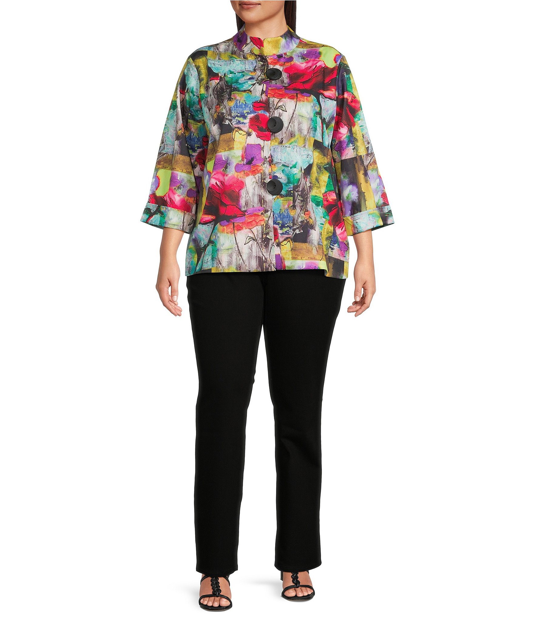 Ali Miles Plus Size Abstract Print Stand Collar 3/4 Sleeve Button-Front Jacket