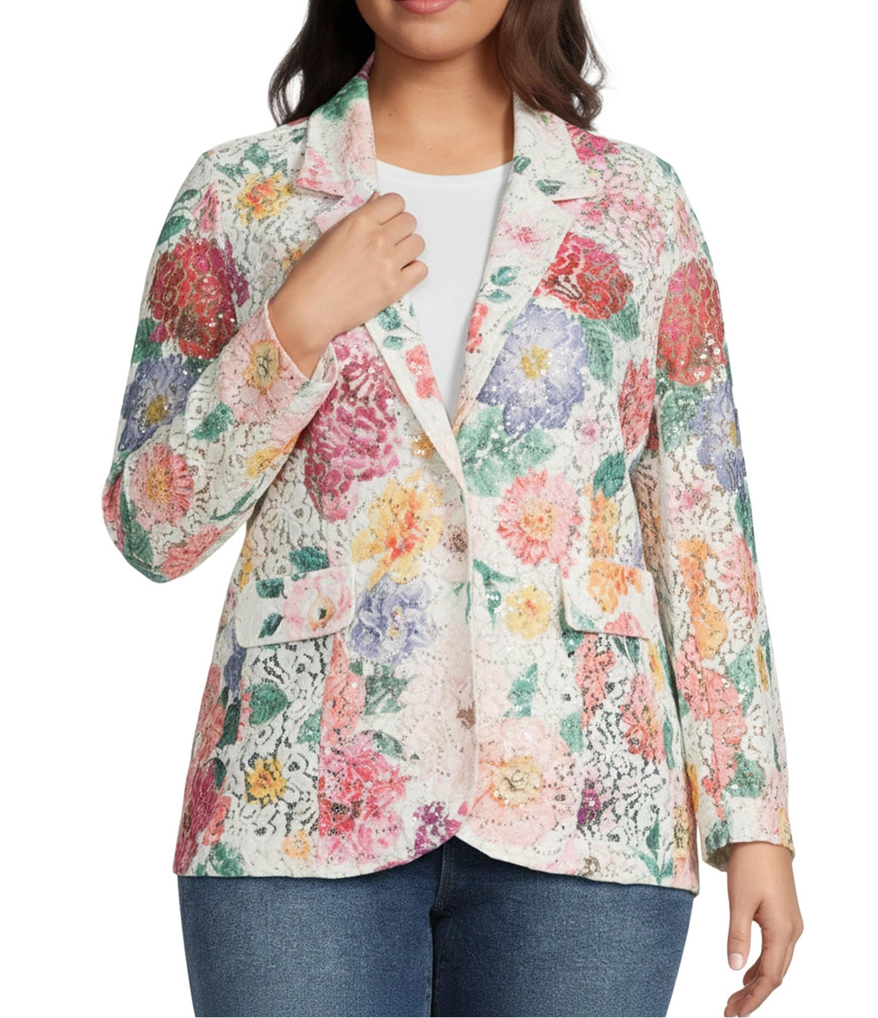 Ali Miles Plus Size All Over Floral Notch Lapel Collar Long Sleeve Button Front Sequin Jacket
