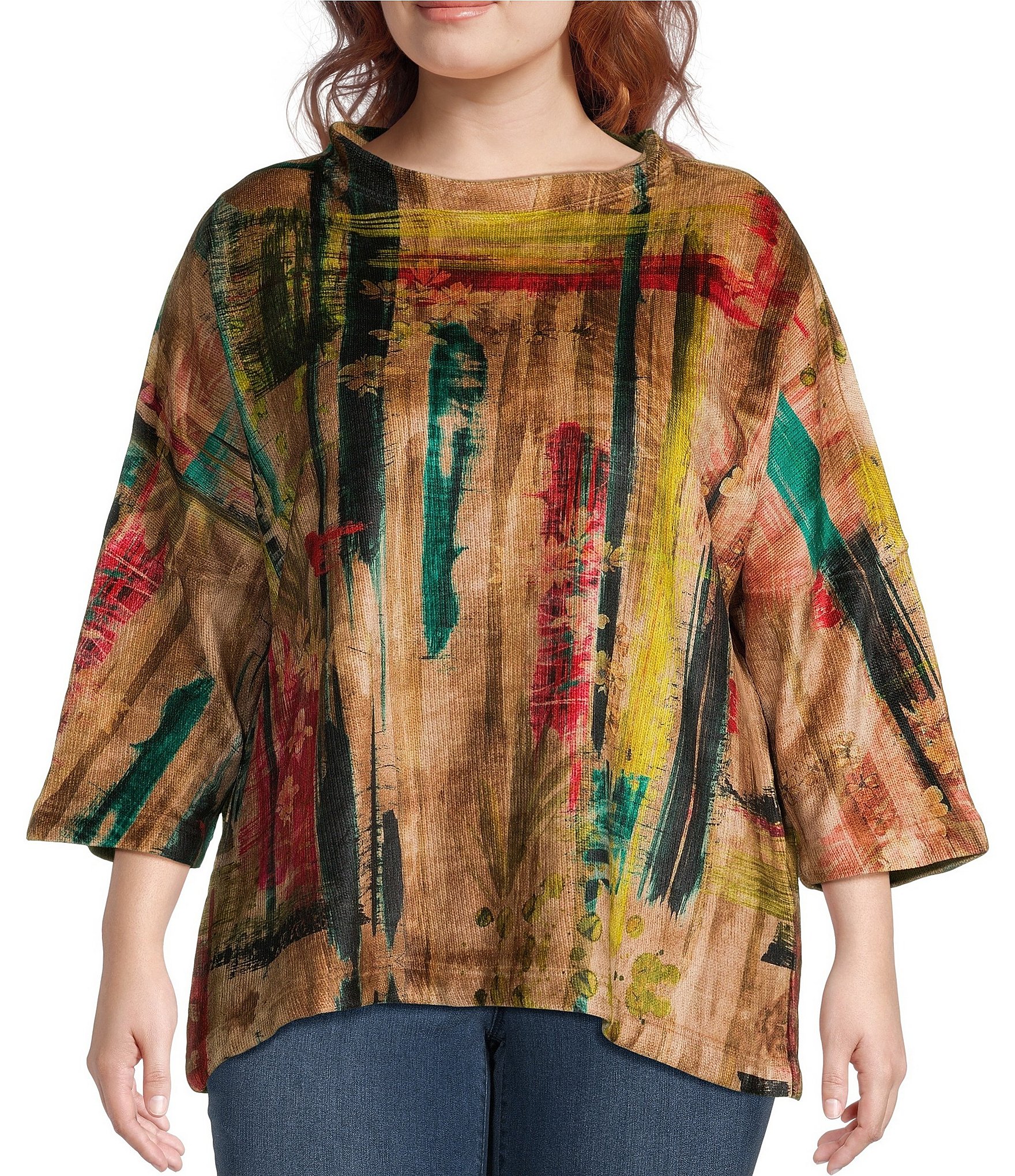 Ali Miles Plus Size Chenille Knit Printed Crew Neck 3/4 Dolman Sleeve Tunic