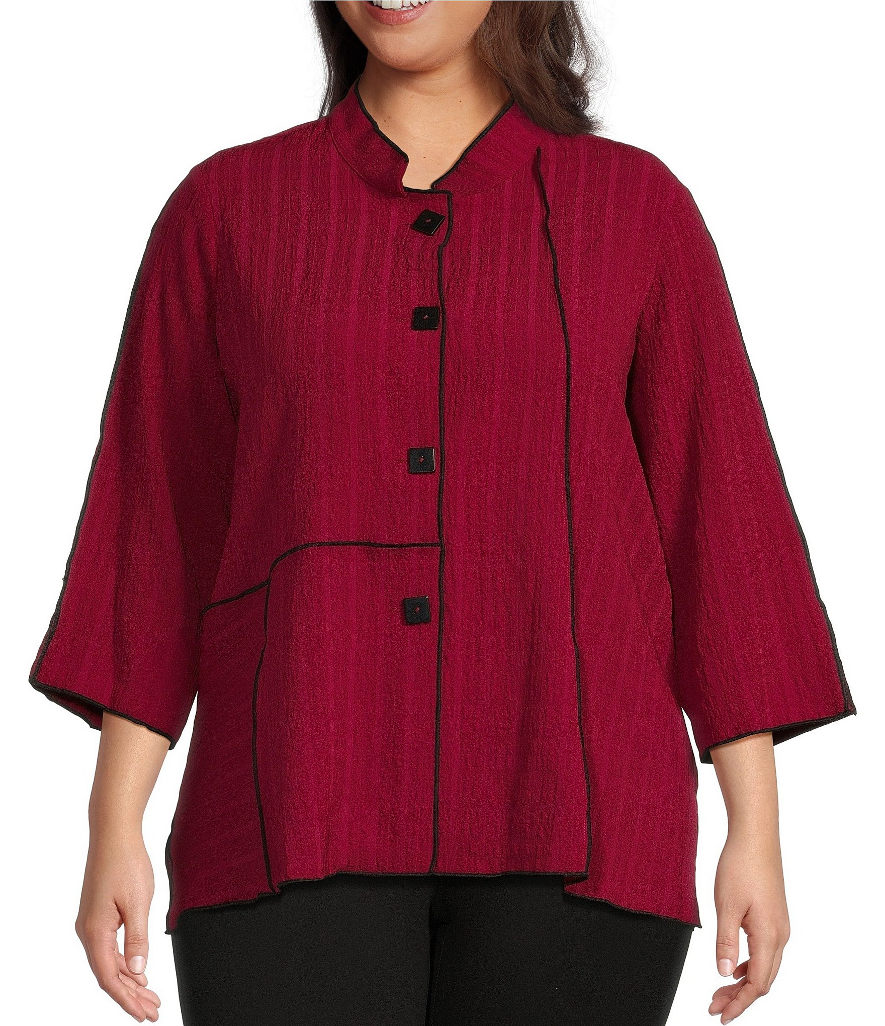 Multiples Plus Size Crinkled Woven Wire Collar 3/4 Sleeve Button Front Shirt