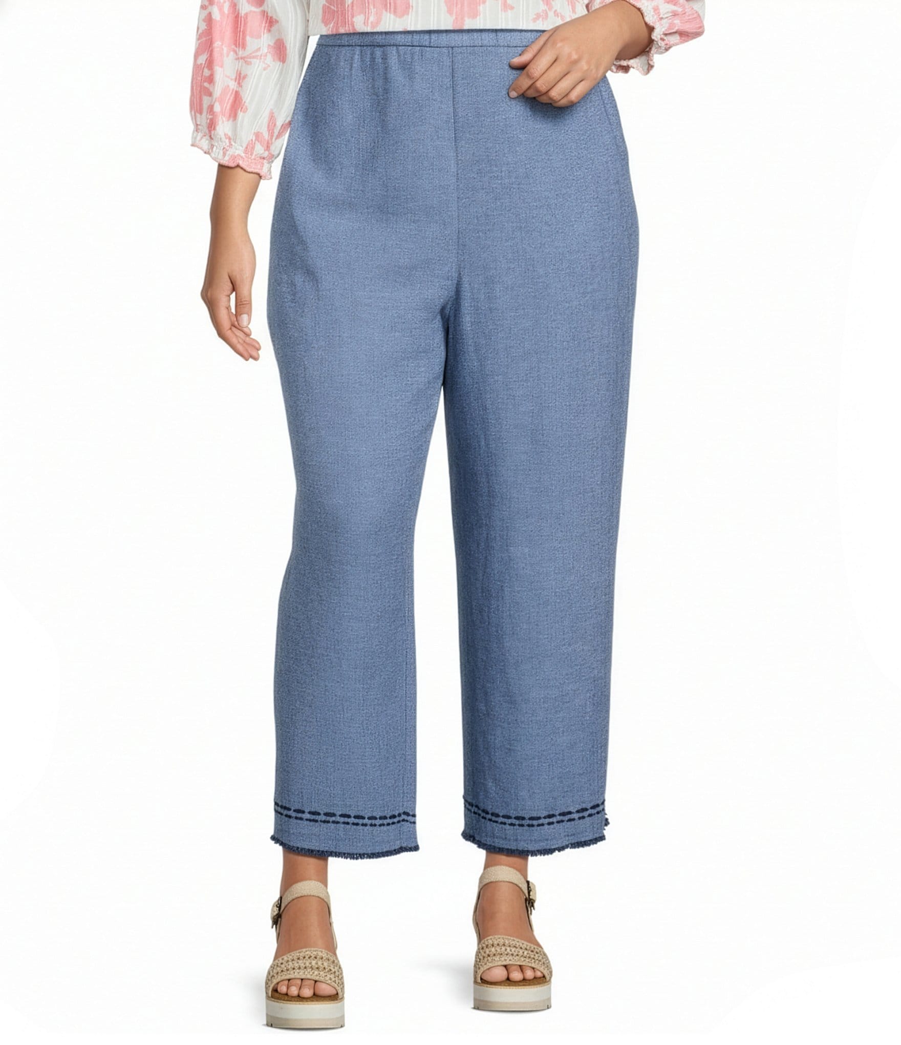 Ali Miles Plus Size Embroidered Frayed Hem Pull-On Pants