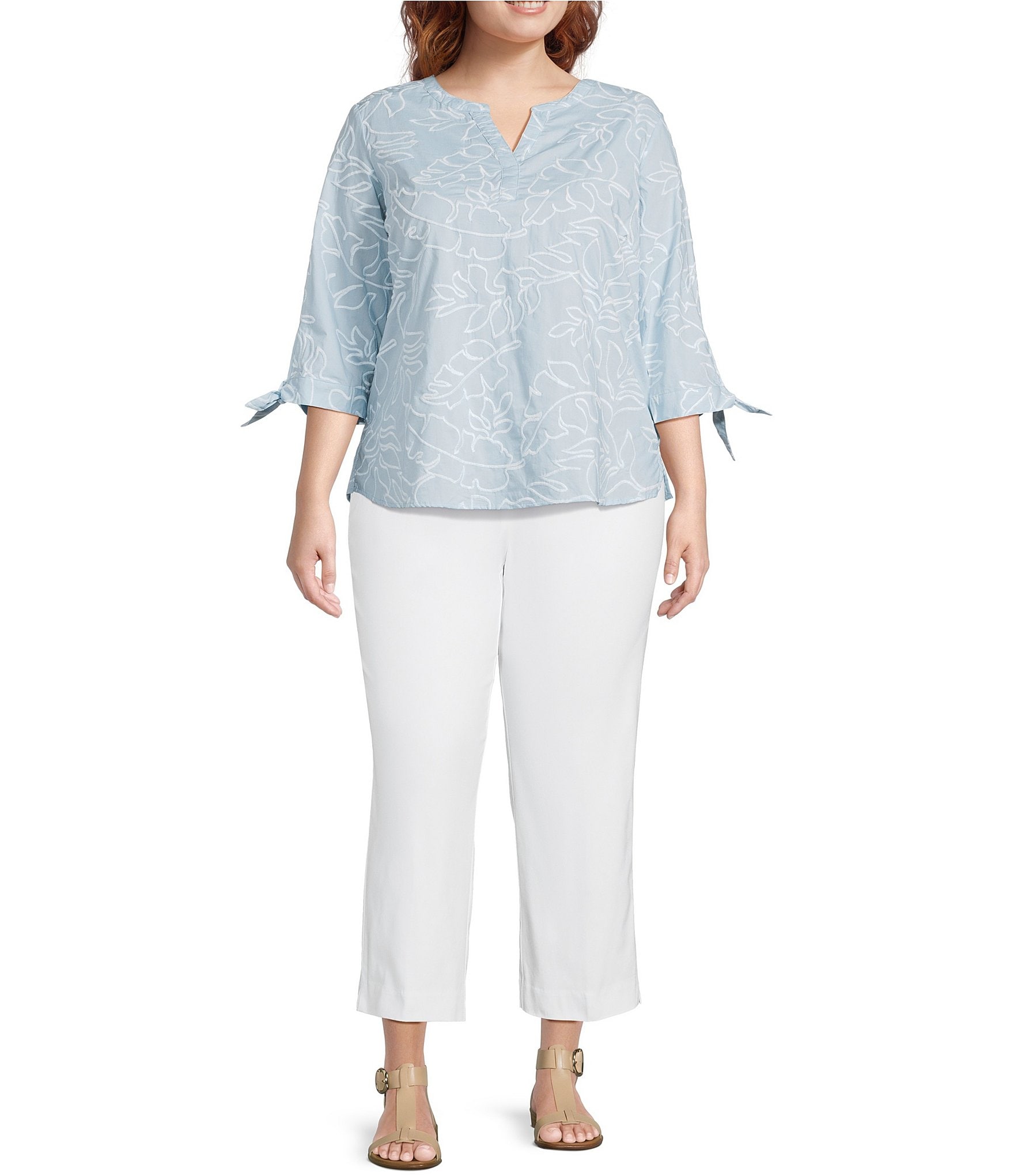 Ali Miles Plus Size Embroidered Leaf Pattern Split V-Neck 3/4 Tie Sleeve Tunic