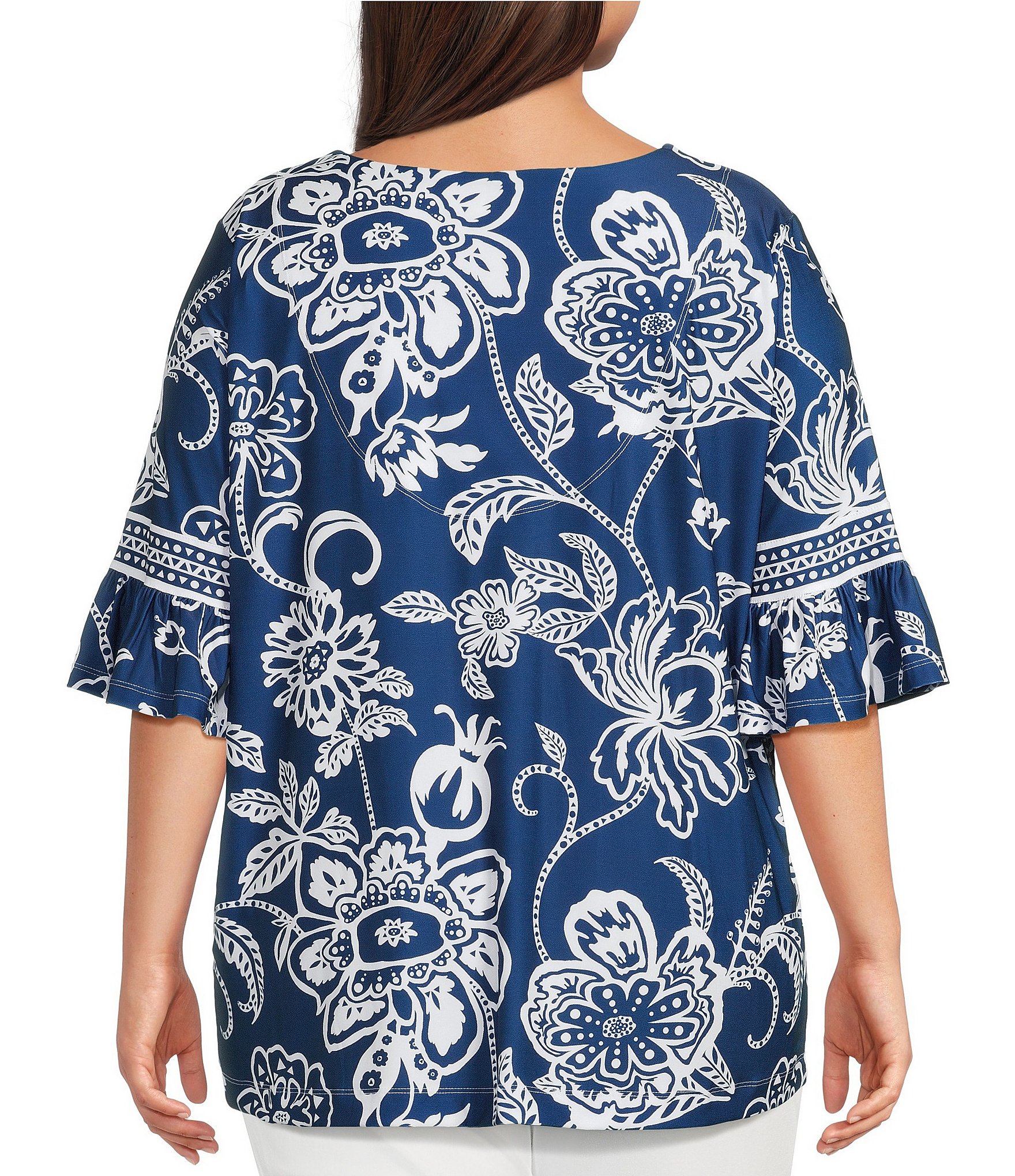 Ali Miles Plus Size Floral U-Shaped Neck Elbow Sleeve Tunic