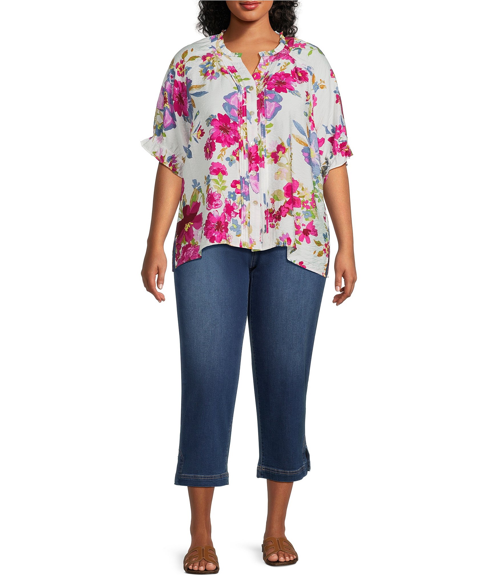 Ali Miles Plus Size Floral Y-Neck Elbow Ruffle Sleeve Button Front Tunic