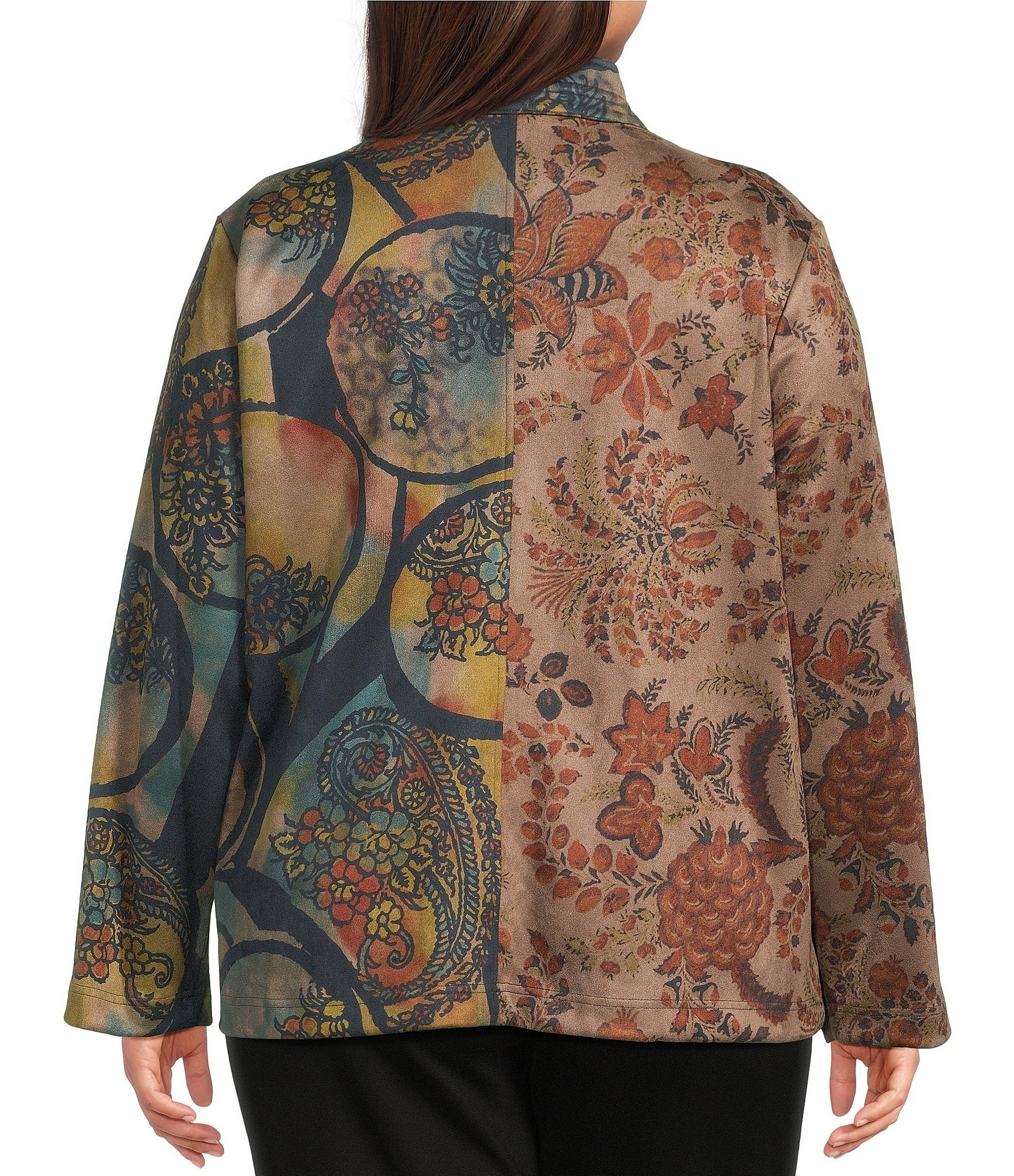Ali Miles Plus Size Knit Floral Abstract Point Collar Long Sleeve Button Front Jacket