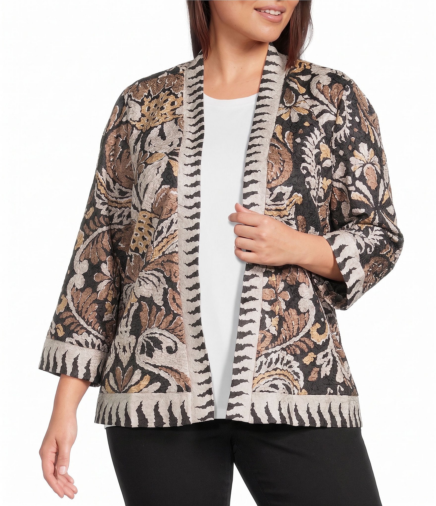 Ali Miles Plus Size Knit Textured Abstract Floral Multi Print 3/4 Sleeve Reversible Open-Front Kimono Jacket
