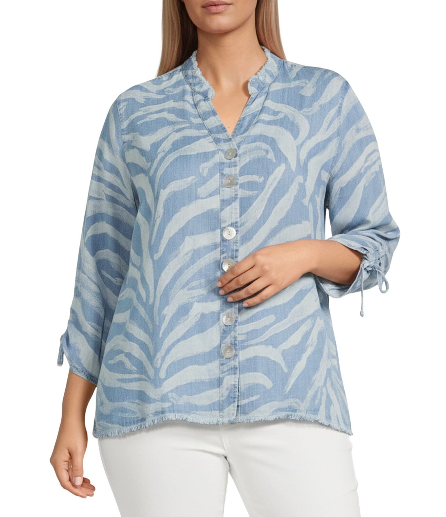Ali Miles Plus Size Lyocell Multi Lines Stand Collar 3/4 Cinched Sleeve Button-Front Tunic