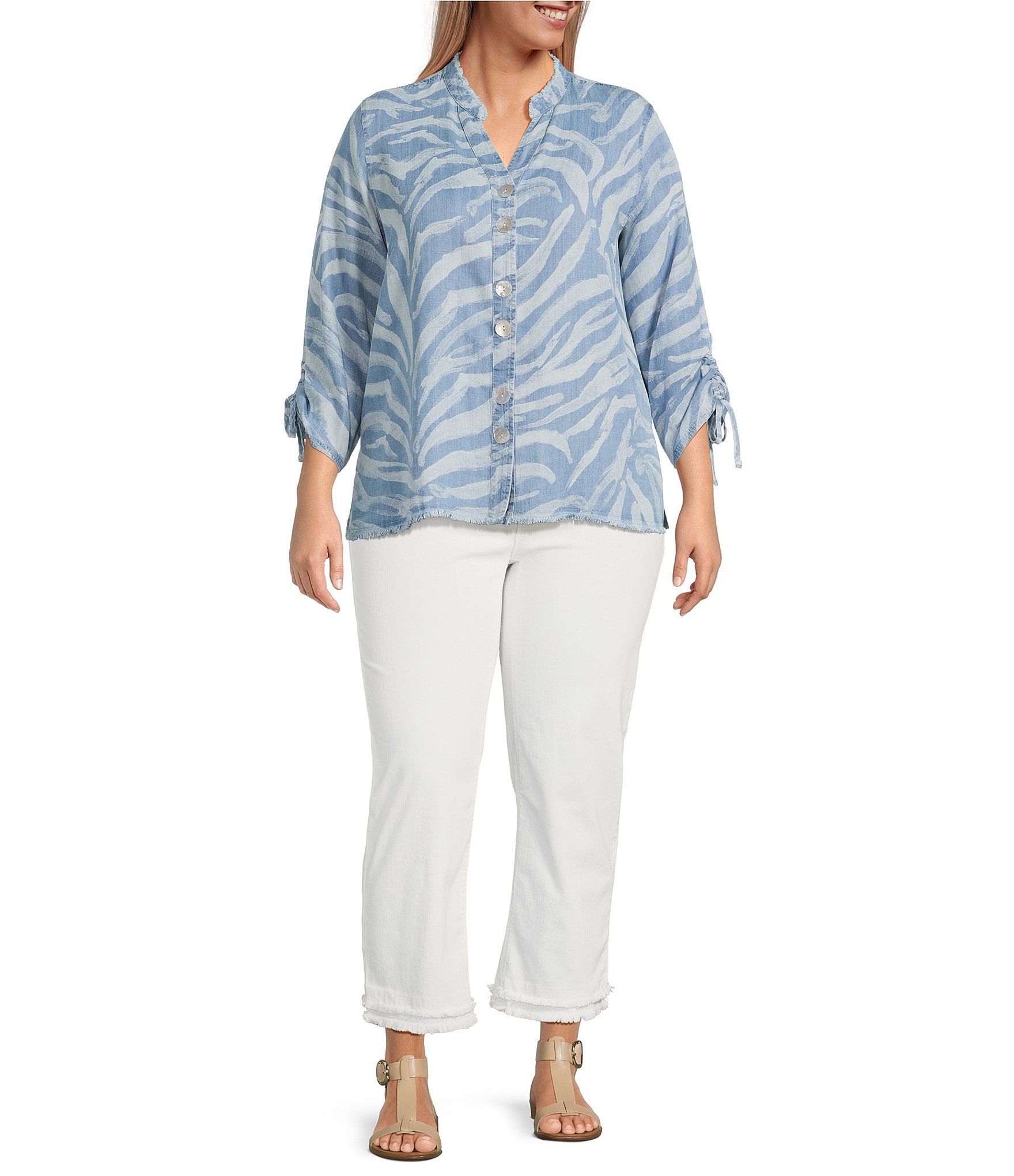 Ali Miles Plus Size Lyocell Multi Lines Stand Collar 3/4 Cinched Sleeve Button-Front Tunic