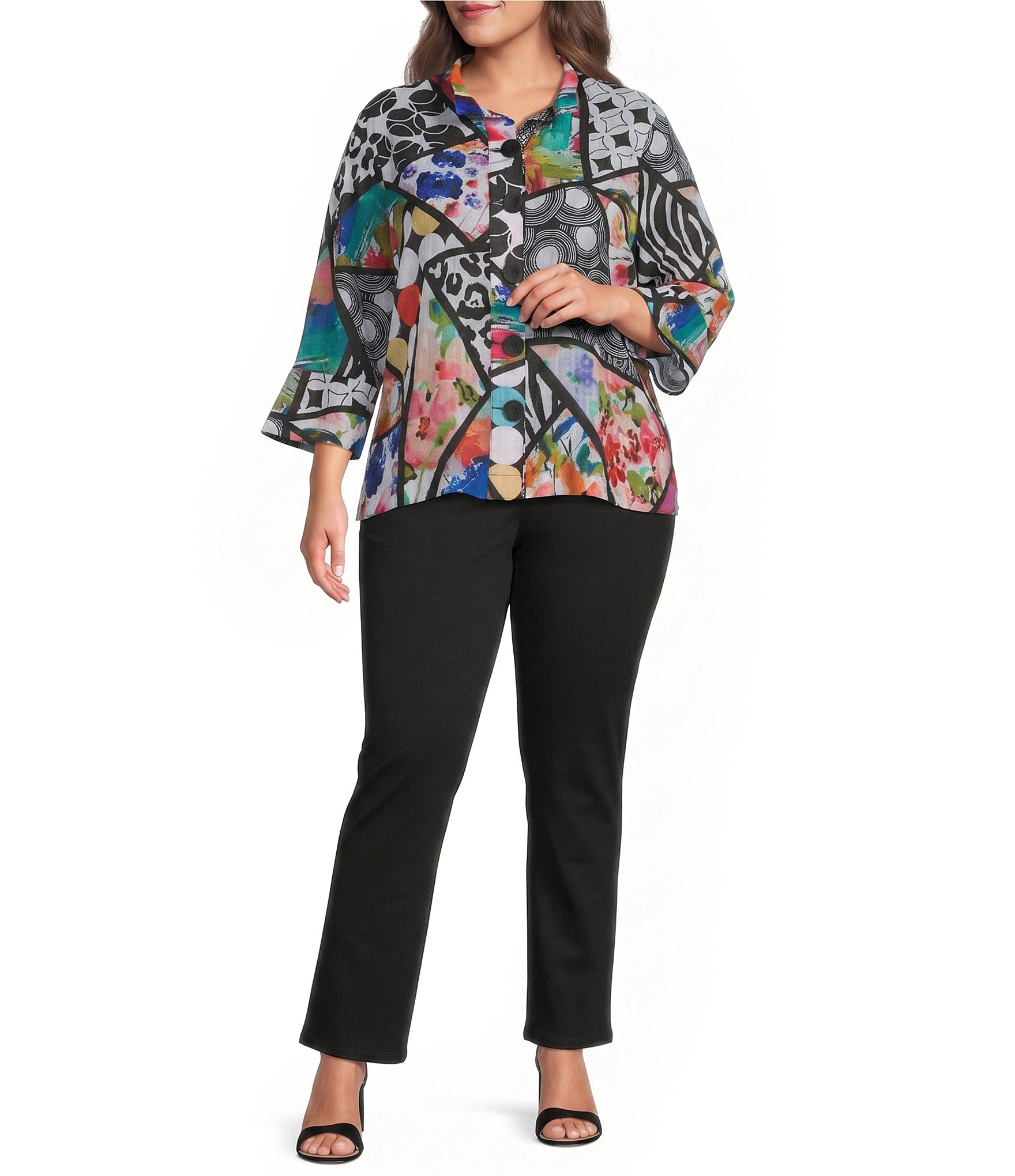 Ali Miles Plus Size Multi Abstract Wire Collar 3/4 Sleeve Button Front Jacket