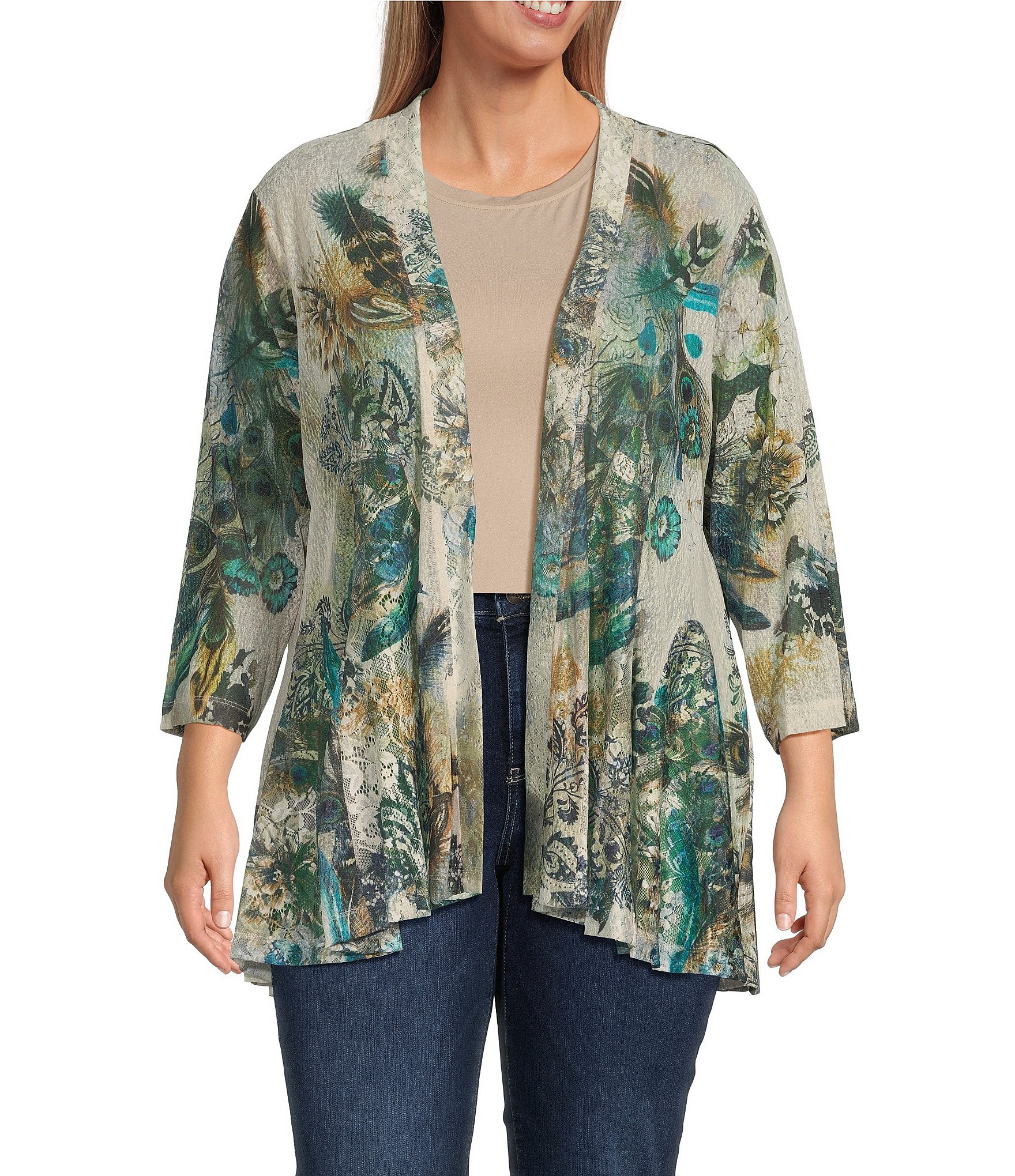 Ali Miles Plus Size Printed 3/4 Sleeve Open Front Kimono