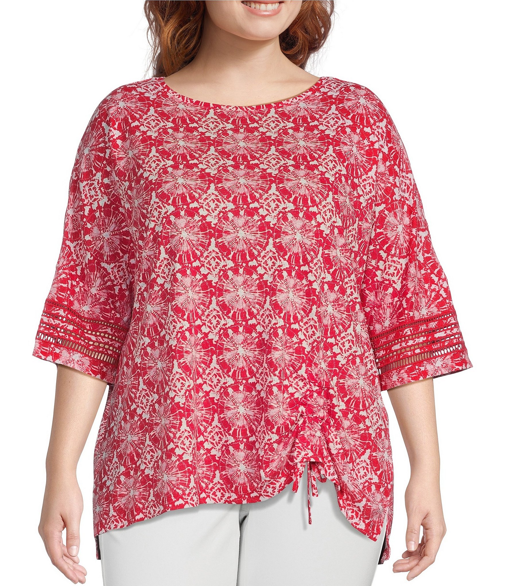 Ali Miles Plus Size Printed Knit Linen Blend Crew Neck 3/4 Sleeve Hi ...