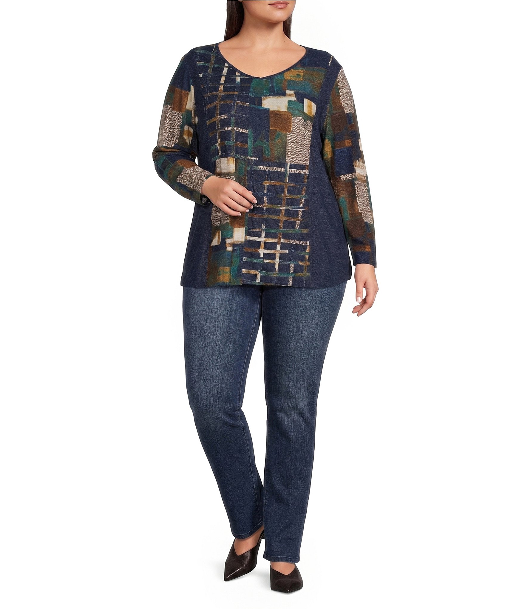 Ali Miles Plus Size Printed Knit V-Neck Long Sleeve Pullover Top
