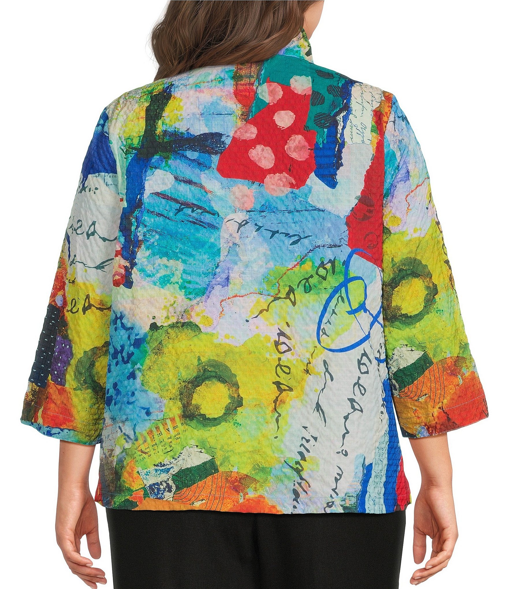 Ali Miles Plus Size Printed Wire Collar 3/4 Sleeve Button Front Top