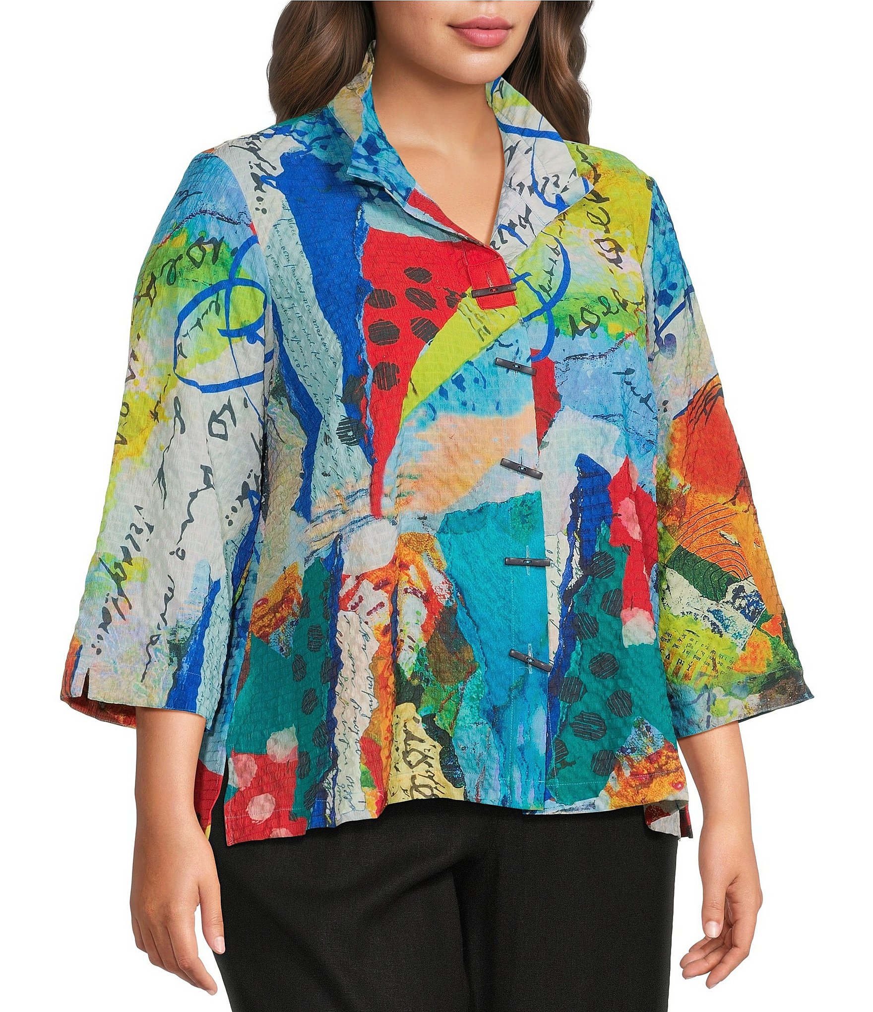 Ali Miles Plus Size Printed Wire Collar 3/4 Sleeve Button Front Top