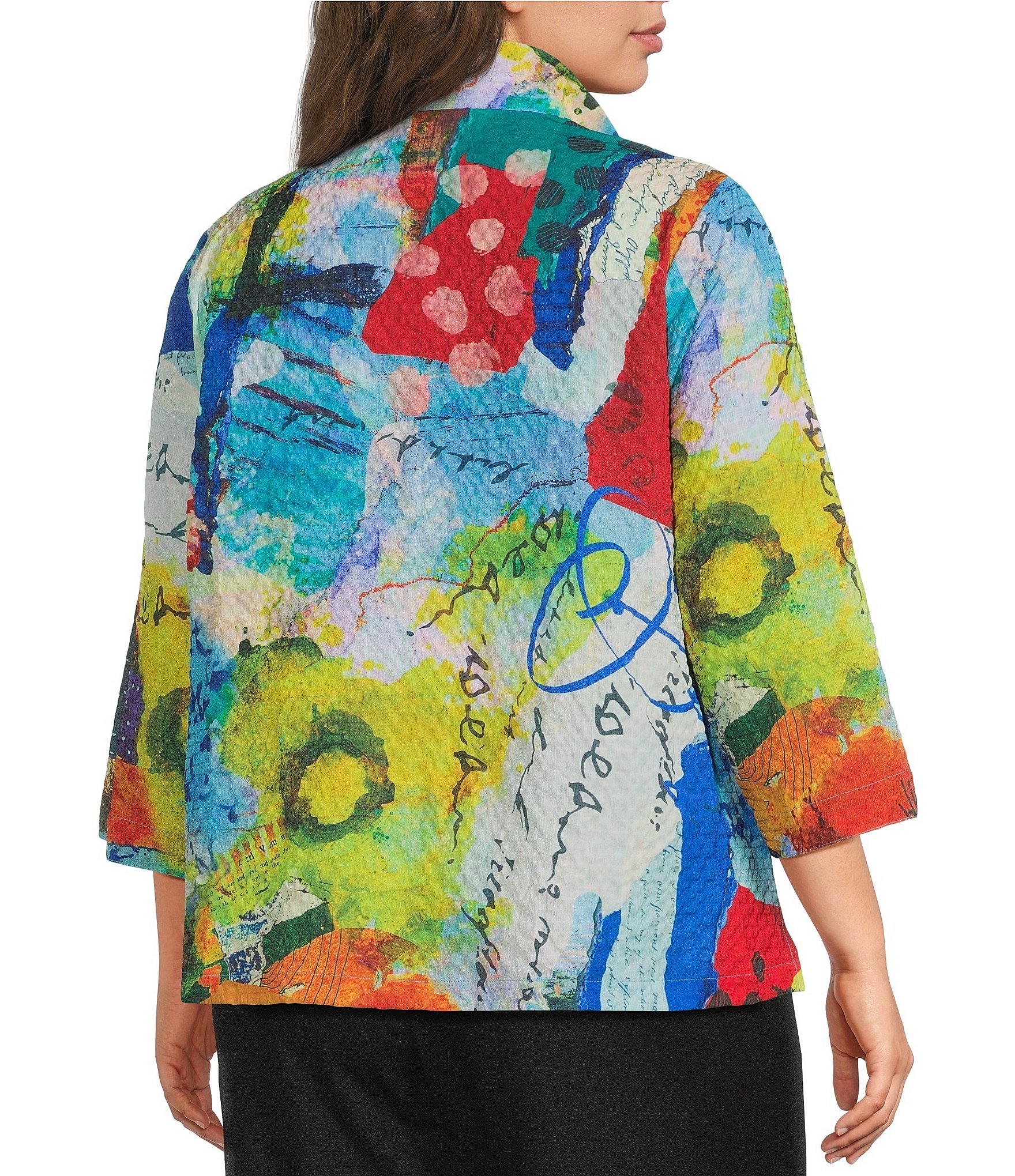 Ali Miles Plus Size Printed Wire Collar 3/4 Sleeve Button Front Top