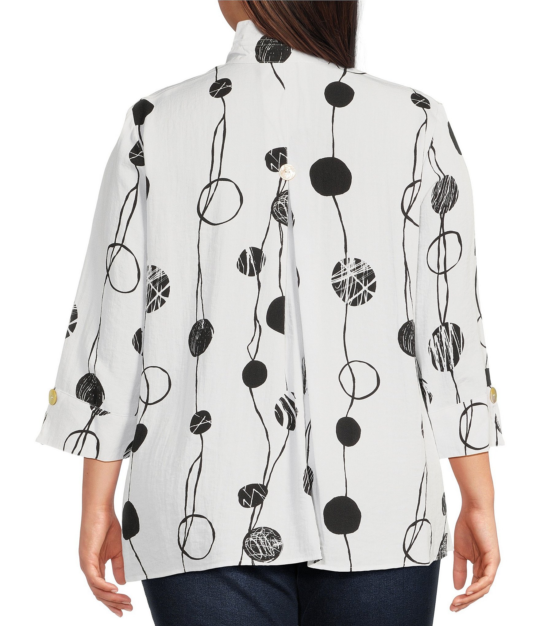 Ali Miles Plus Size Printed Woven Crinkle Wire Collar 3/4 Sleeve Button Front Tunic