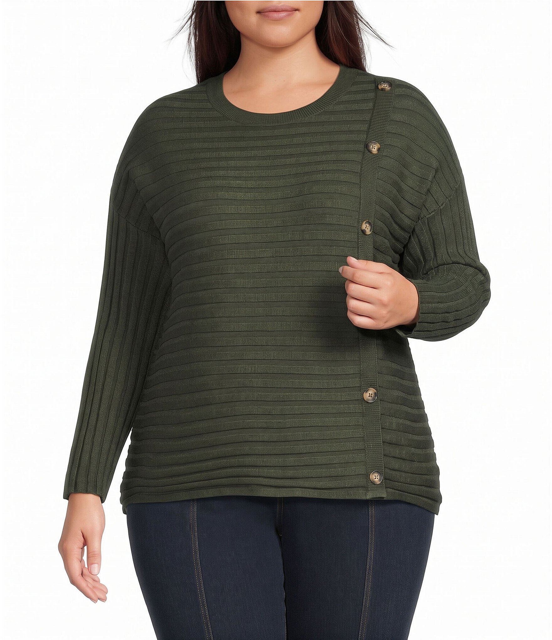 Ali Miles Plus Size Ribbed Knit Round Neck Long Sleeve Button Detail Sweater