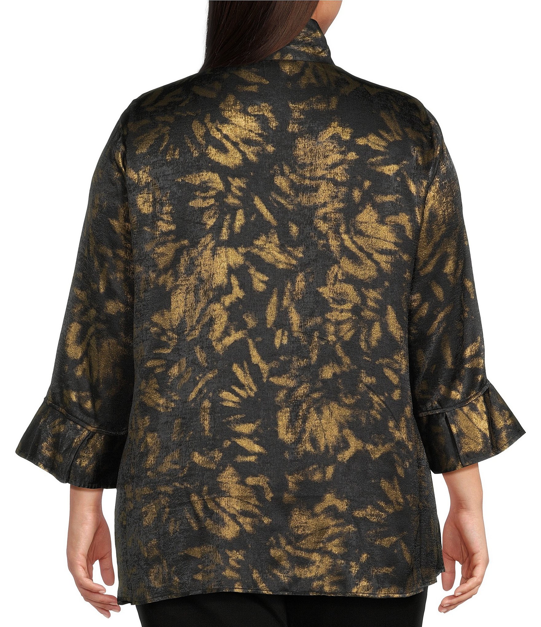 Ali Miles Plus Size Shimmer Woven Allover Multi Print Wire Collar 3/4 Bell Sleeve Button-Front Tunic