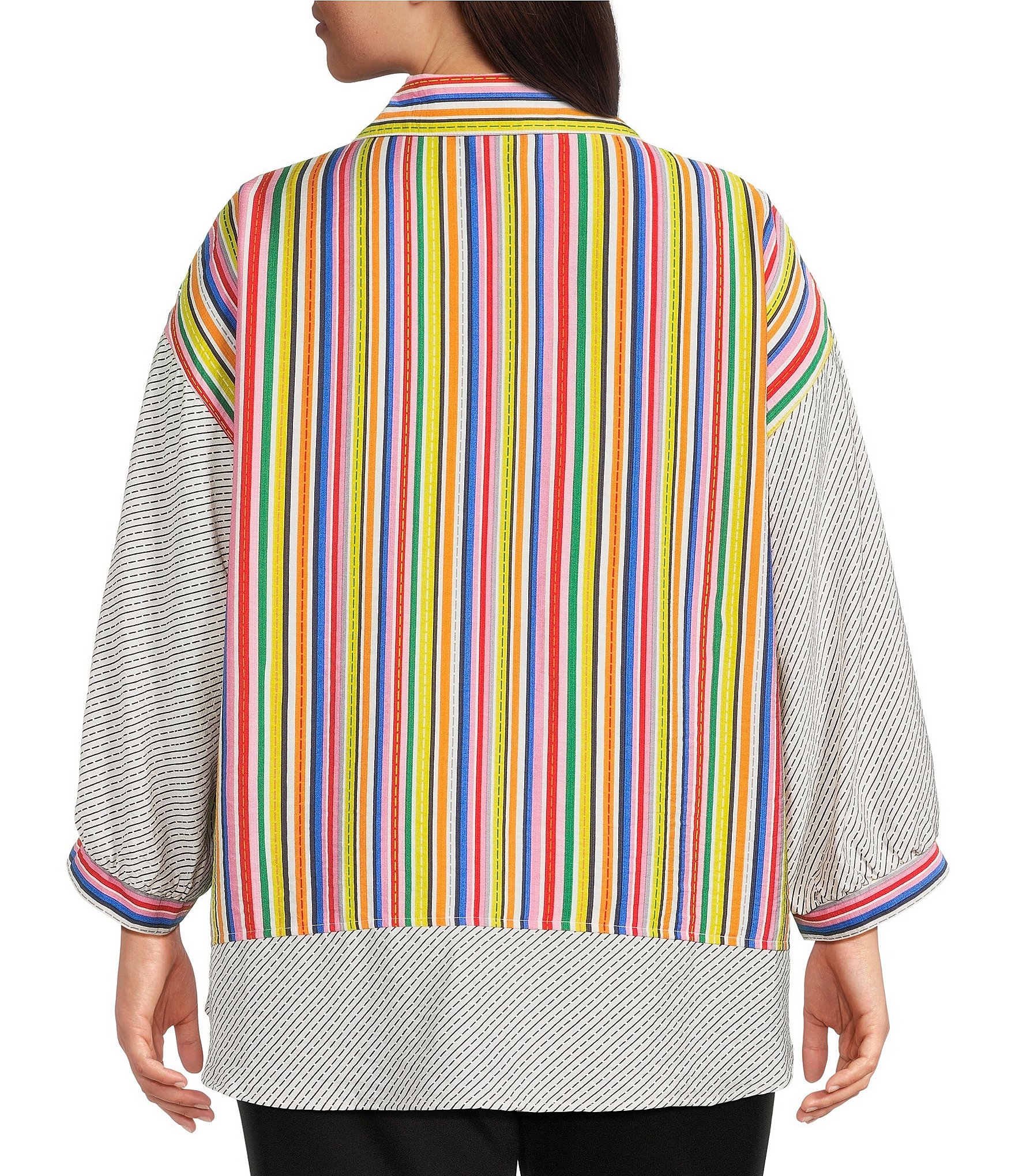 Ali Miles Plus Size Solid Multi Stripe Point Collar 3/4 Cuffed Sleeve High-Low Hem Button-Front Shirt