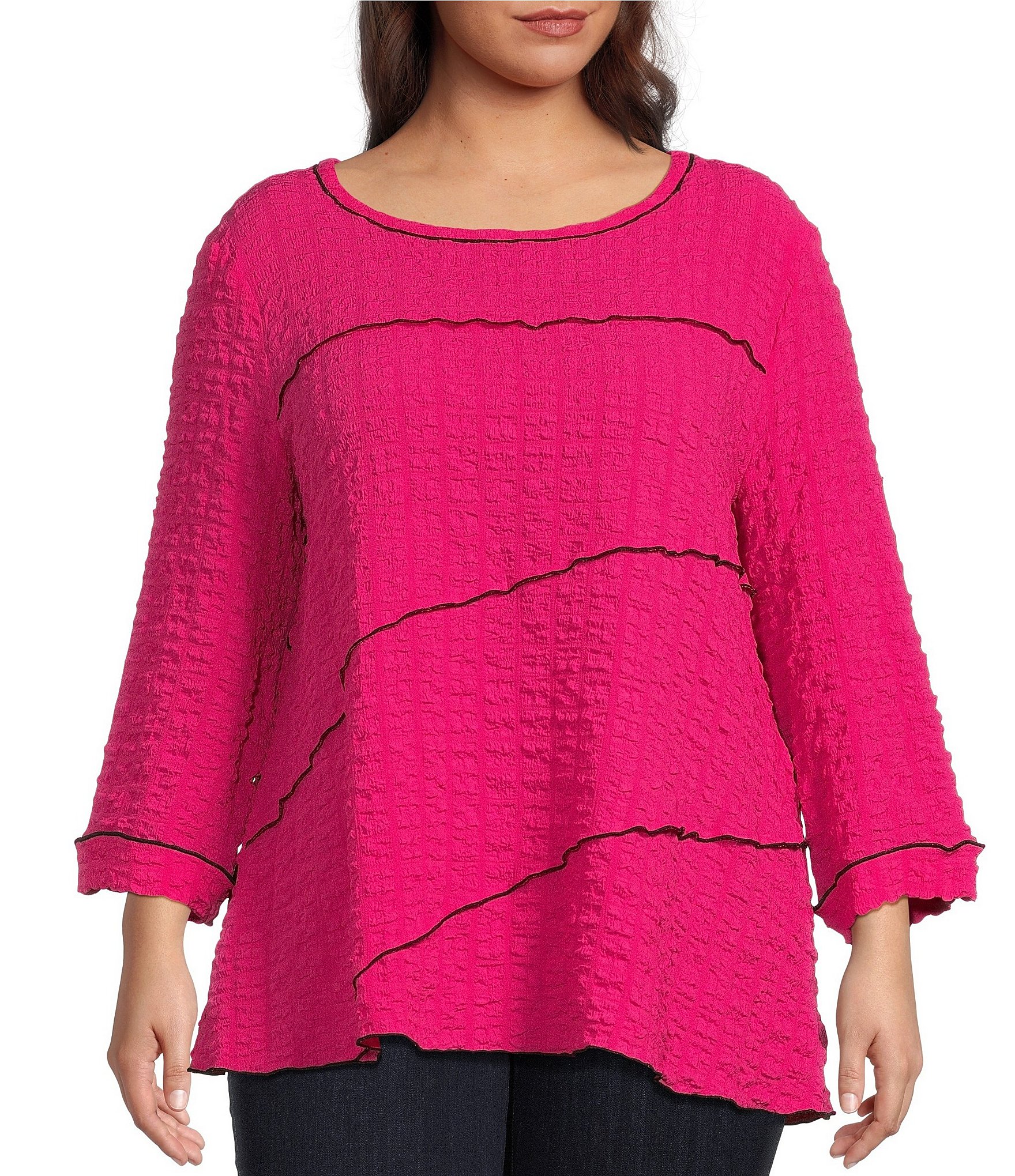 Ali Miles Plus Size Solid Woven Contrast Stitch Round Neck 3/4 Sleeve ...