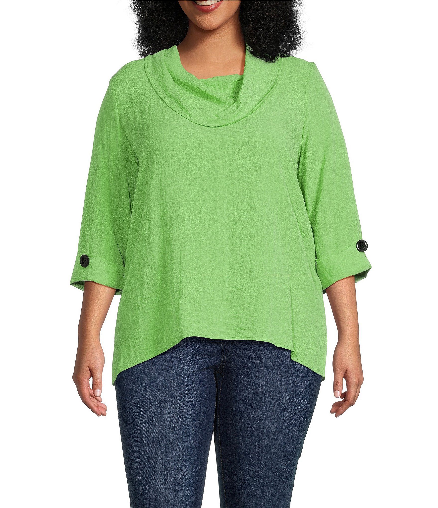 Ali Miles Plus Size Solid Woven Cowl Neck 3/4 Sleeve High-Low Hem Tunic ...