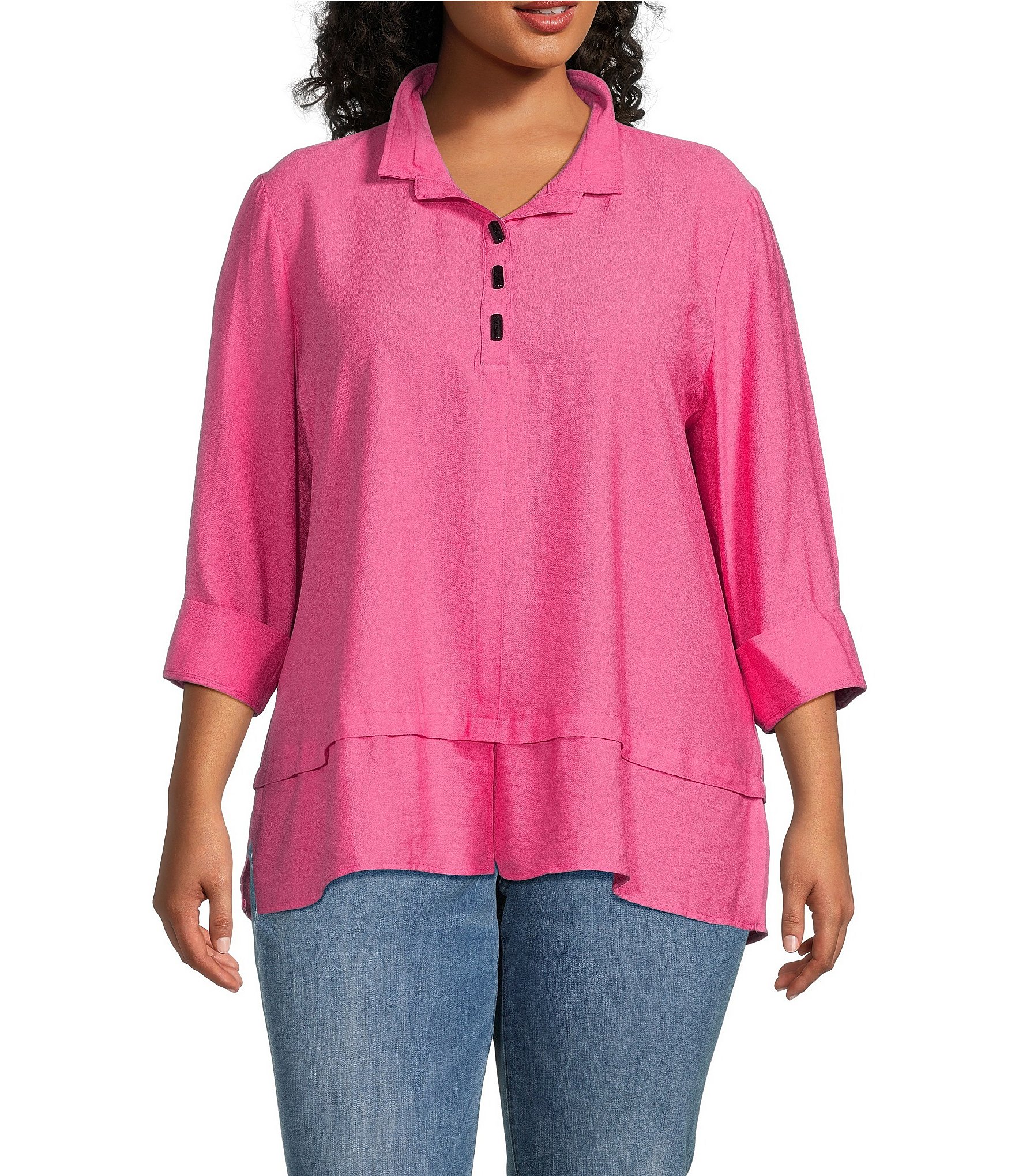 ali-miles-plus-size-solid-woven-point-collar-3-4-roll-tab-sleeve-blouse