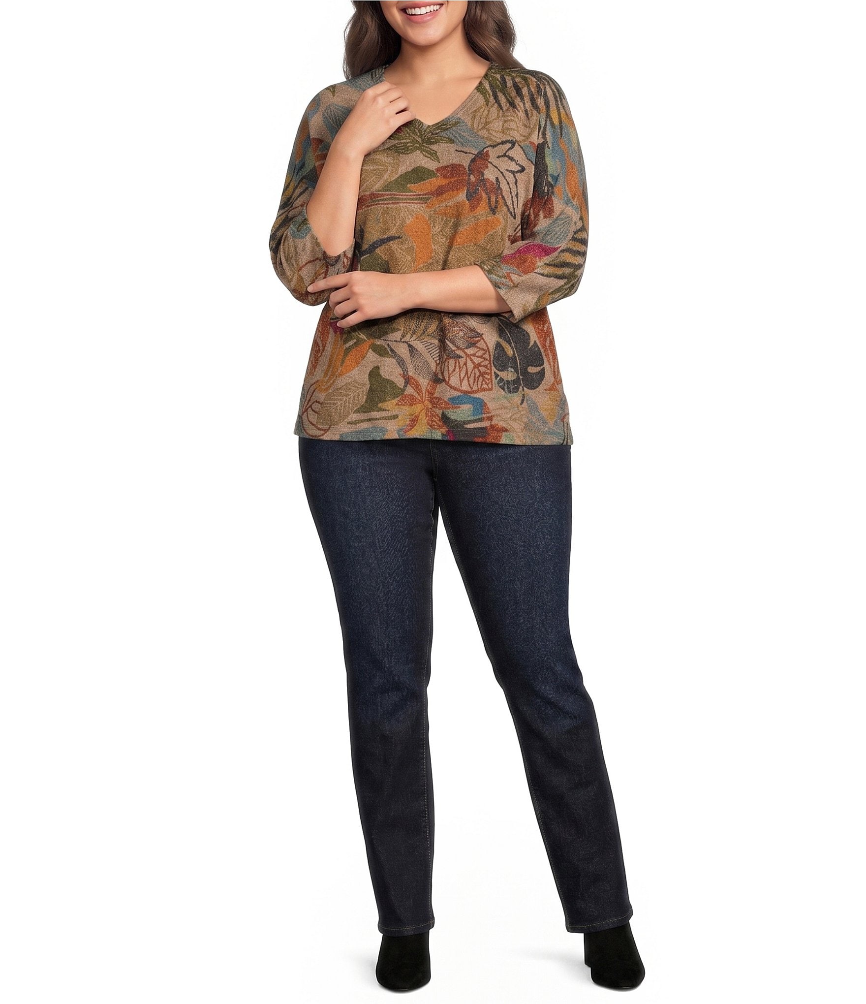 Ali Miles Plus Size Textured Knit Floral Multi Print V-Neck 3/4 Sleeve Pullover Top