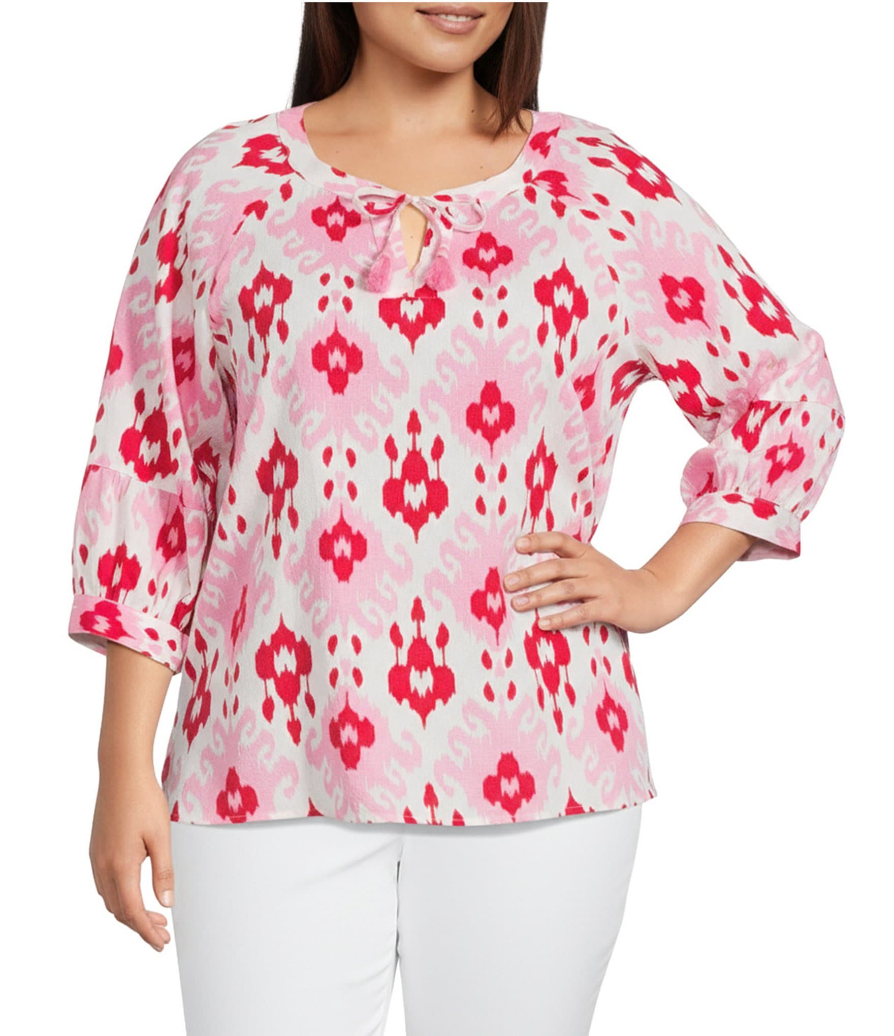 Ali Miles Plus Size Textured Woven Printed Split V-Neck 3/4 Tiered Sleeve Tunic