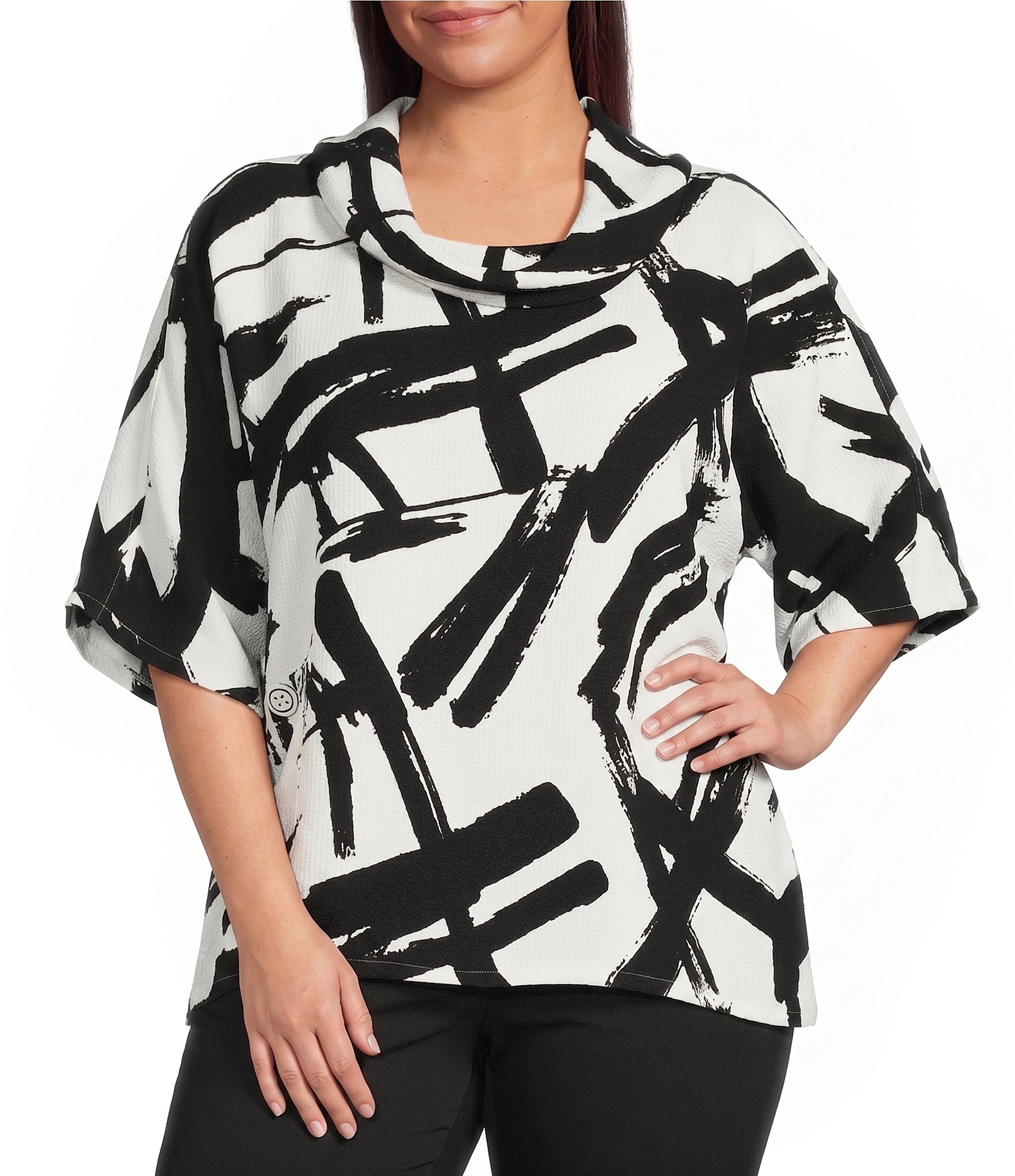 Ali Miles Plus Size Woven Abstract Cowl Neck Short Dolman Sleeve Pullover Top