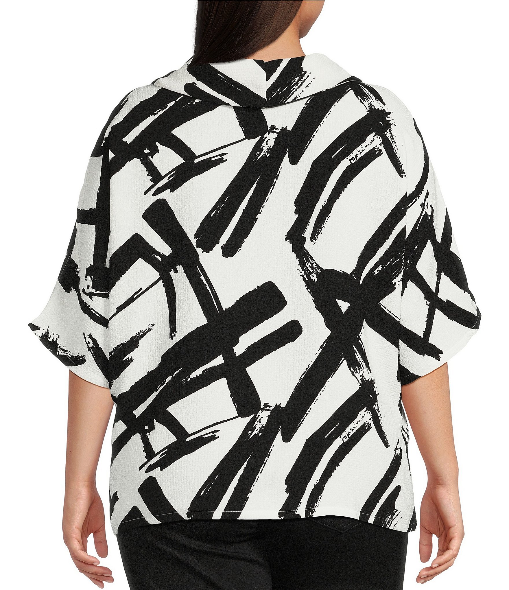Ali Miles Plus Size Woven Abstract Cowl Neck Short Dolman Sleeve Pullover Top