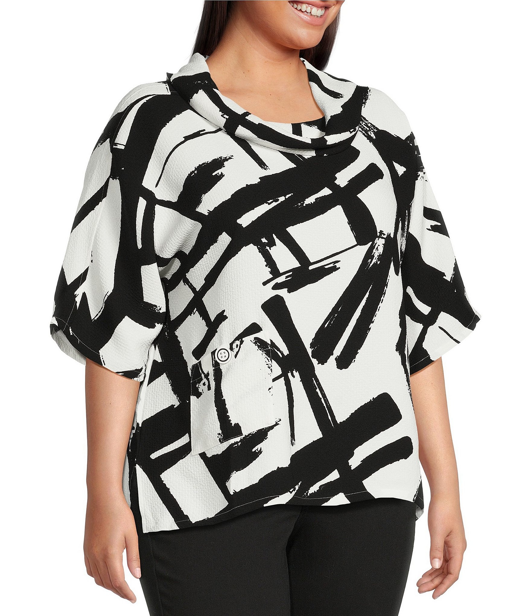Ali Miles Plus Size Woven Abstract Cowl Neck Short Dolman Sleeve Pullover Top