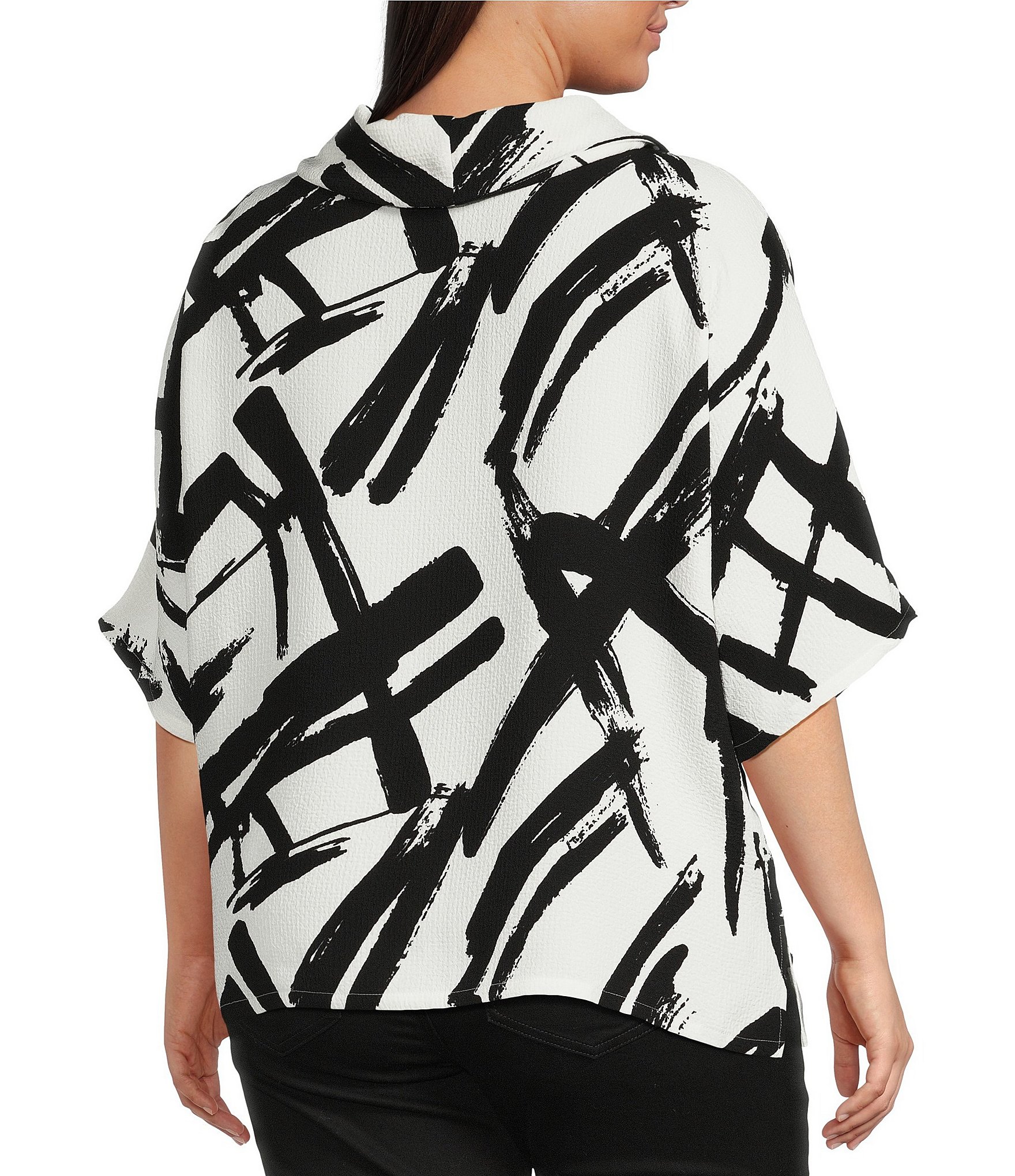 Ali Miles Plus Size Woven Abstract Cowl Neck Short Dolman Sleeve Pullover Top