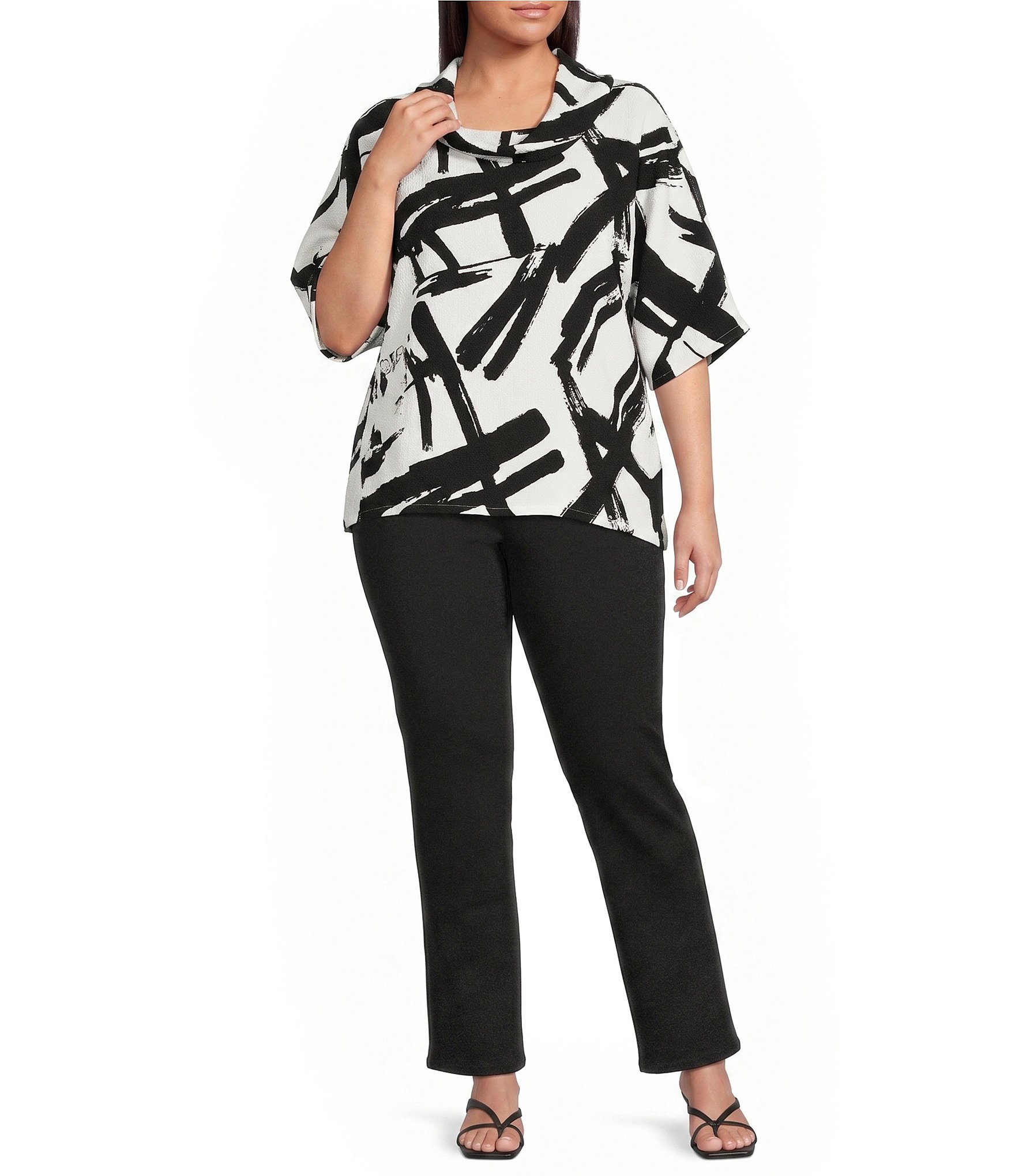 Ali Miles Plus Size Woven Abstract Cowl Neck Short Dolman Sleeve Pullover Top