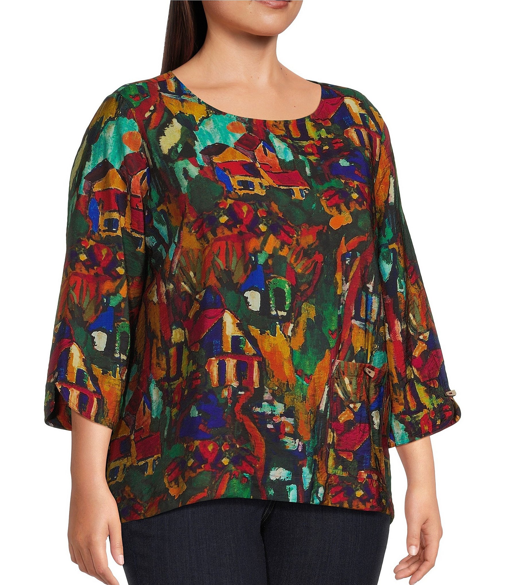 Ali Miles Plus Size Woven Abstract Multi Print Round Neck 3/4 Sleeve Top