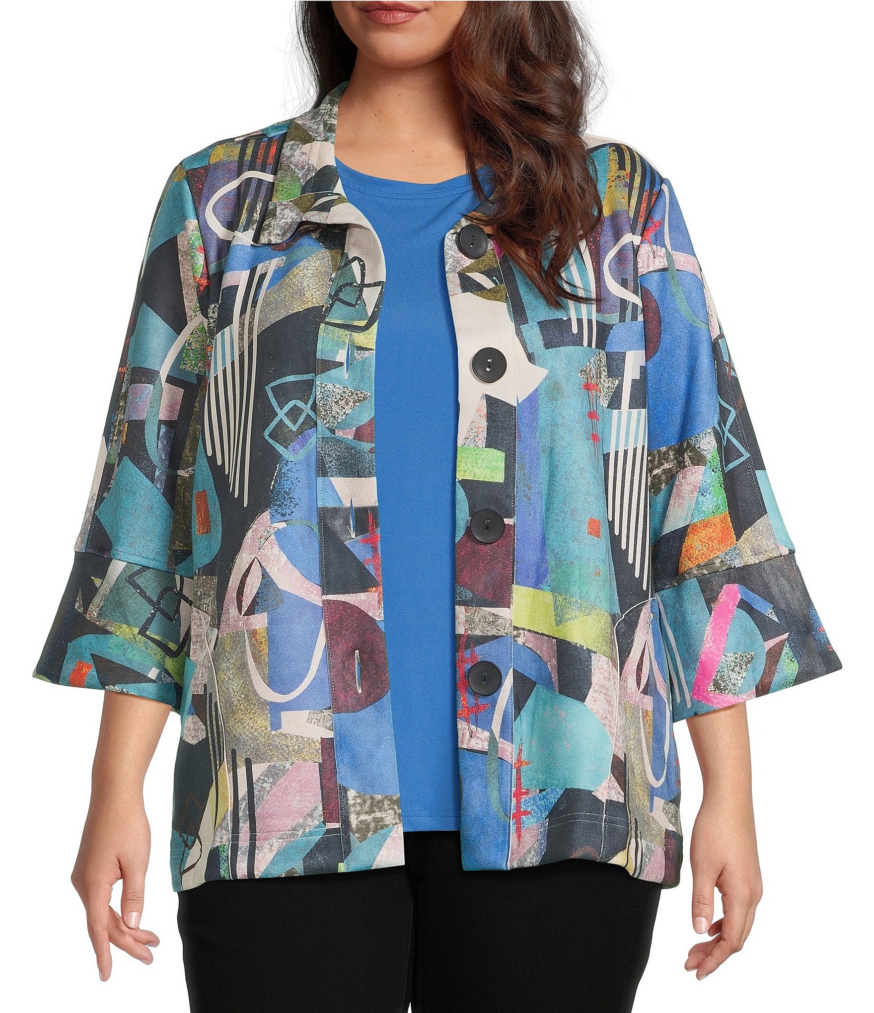 Ali Miles Plus Size Woven Abstract Multi Print Wire Collar 3/4 Bell Cuff Sleeve Button-Front Jacket
