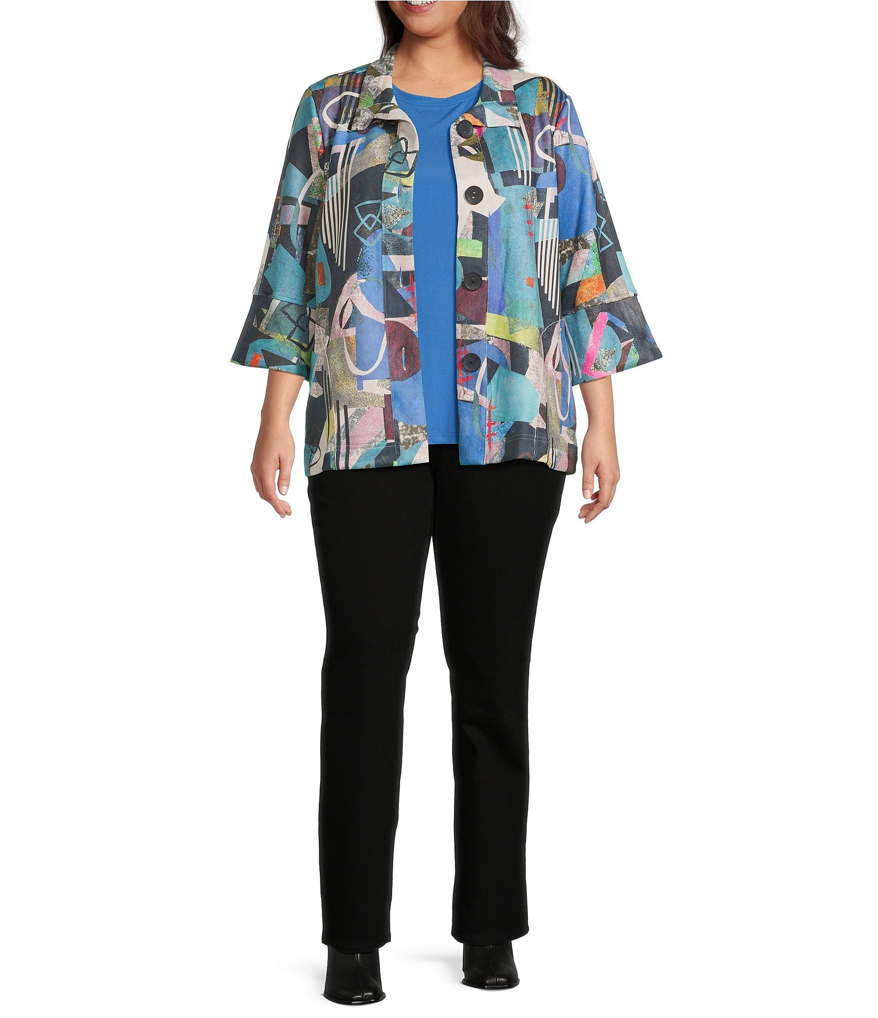 Ali Miles Plus Size Woven Abstract Multi Print Wire Collar 3/4 Bell Cuff Sleeve Button-Front Jacket
