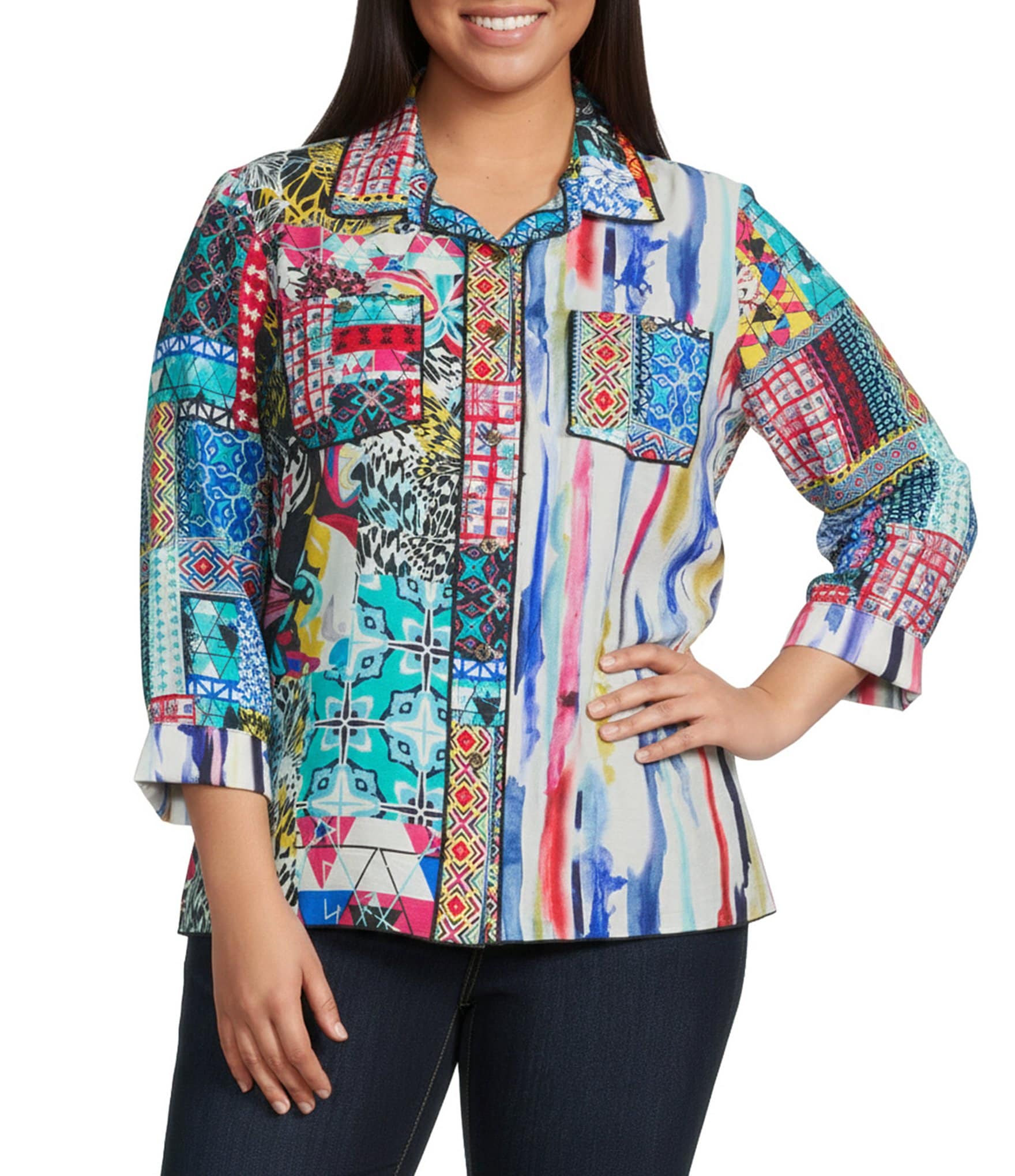 Ali Miles Plus Size Woven Abstract Print Point Collar 3/4 Cuff Sleeve Button-Front Tunic