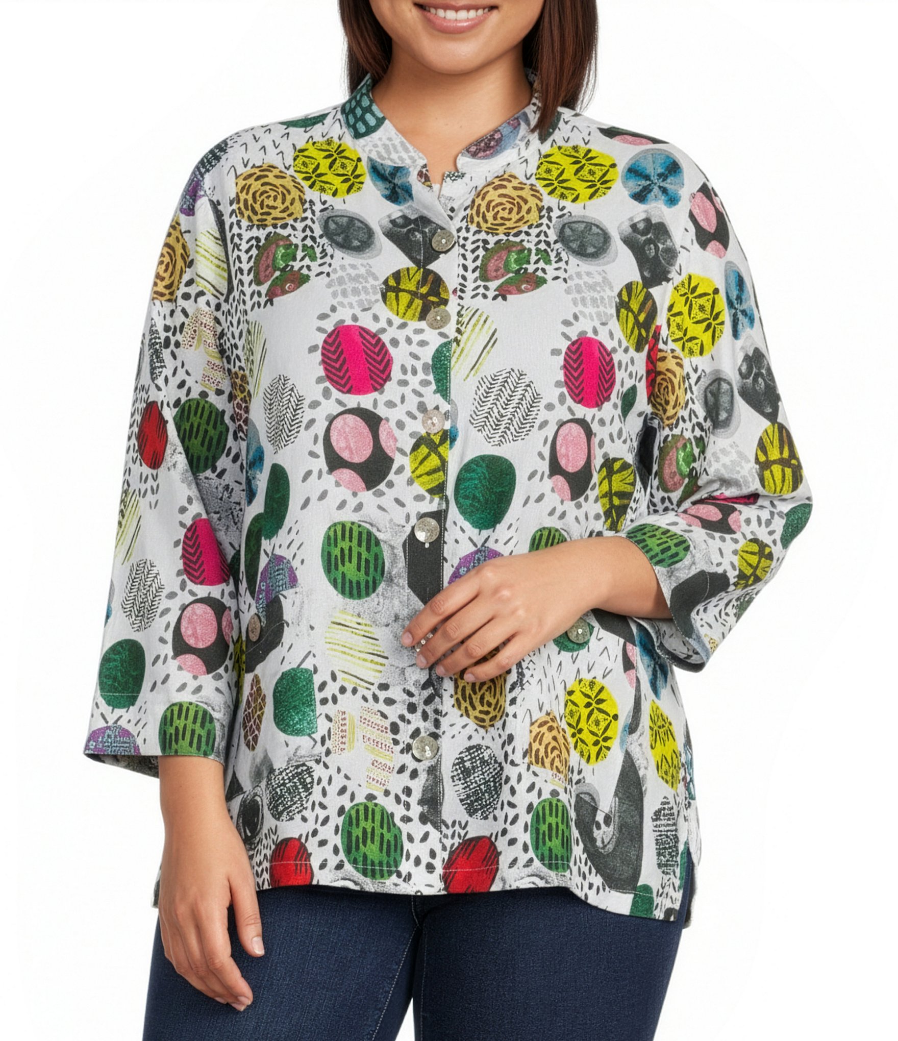 Ali Miles Plus Size Woven All Over Multi Colored Dots Stand Collar 3/4 Sleeve Button-Front Jacket
