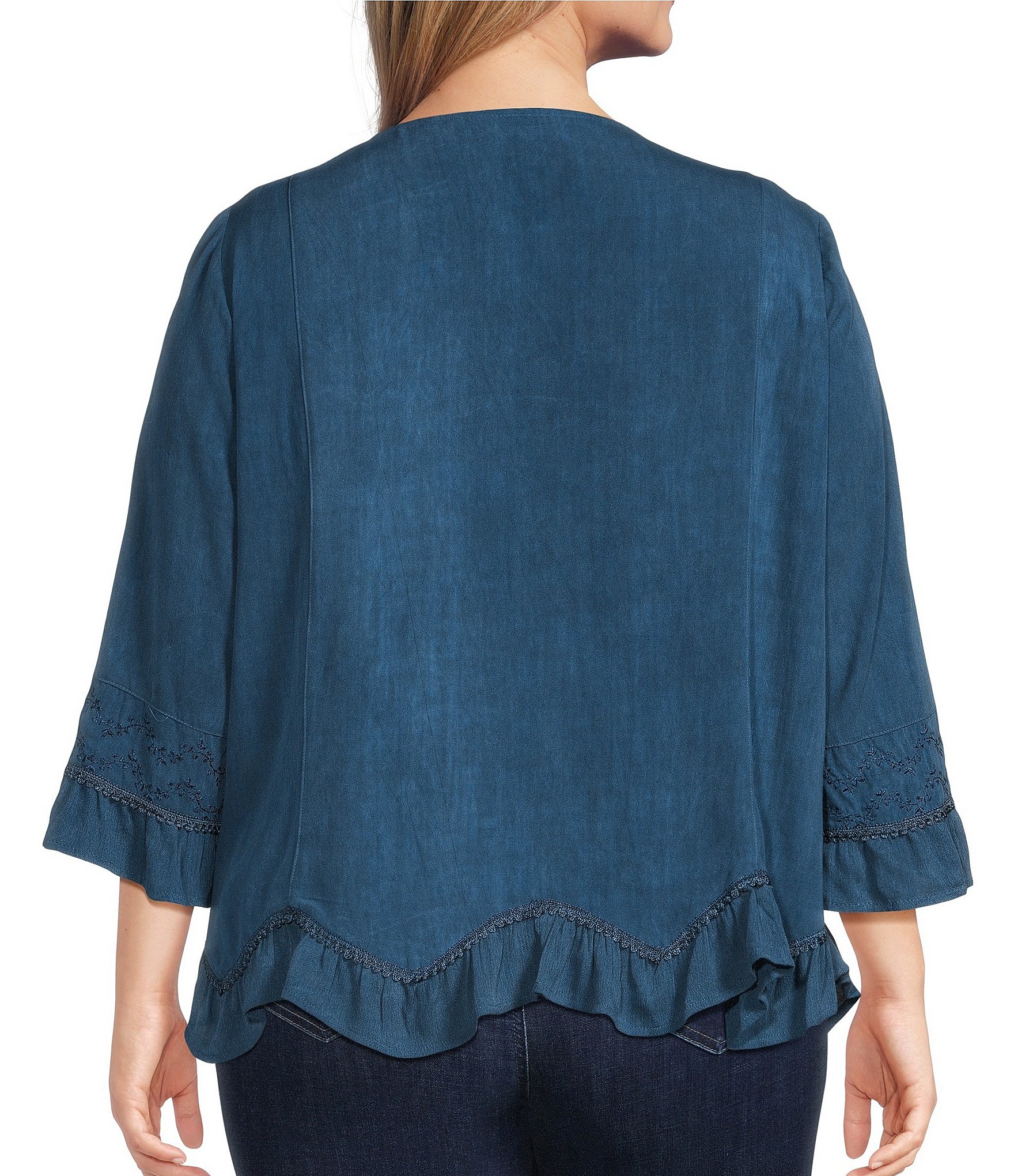 Ali Miles Plus Size Woven Embroidered Motif V-Neck 3/4 Sleeve Handkerchief Button Front Top