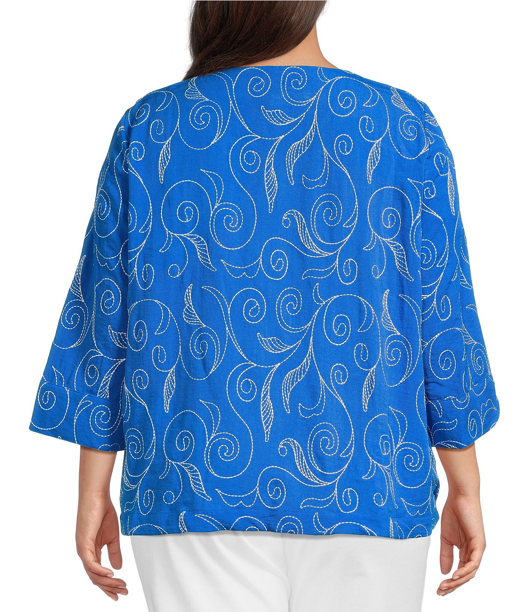 Ali Miles Plus Size Woven Embroidered Paisley Leaf V-Neck 3/4 Sleeve Top