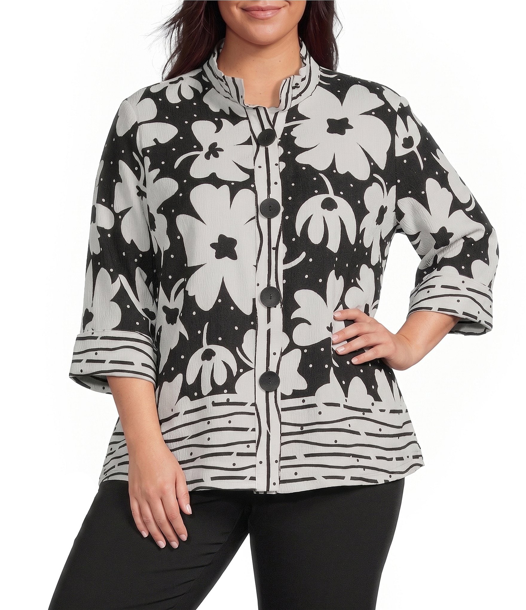 Ali Miles Plus Size Woven Floral Abstract Line Border Print Wire Collar 3/4 Bell Sleeve Jacket