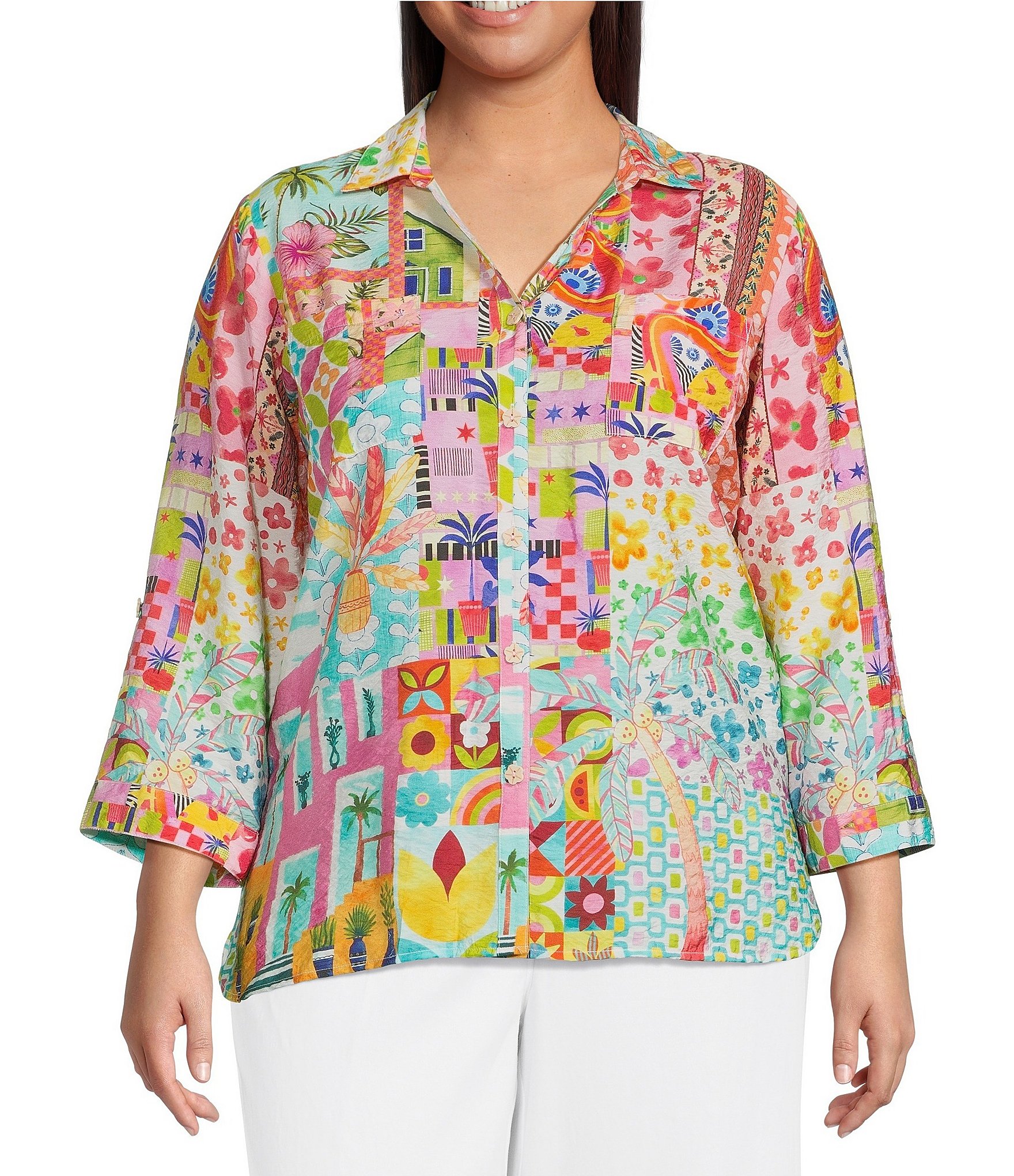 Ali Miles Plus Size Woven Multi Print Point Collar 3/4 Roll-Tab Sleeve Button-Front Shirt