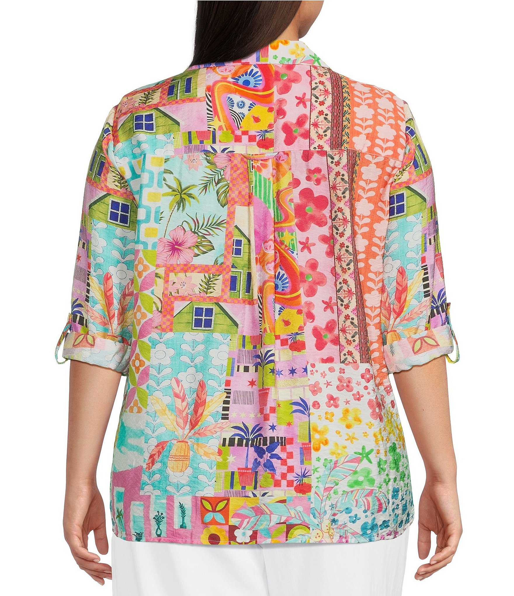 Ali Miles Plus Size Woven Multi Print Point Collar 3/4 Roll-Tab Sleeve Button-Front Shirt